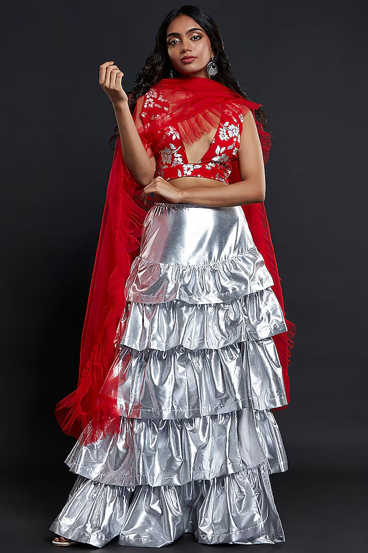 Silver Recycled Polyester Tiered Lehenga Set