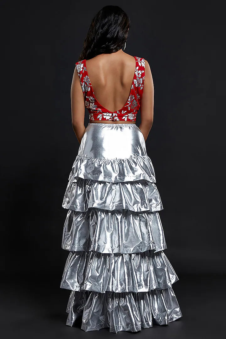 Silver Recycled Polyester Tiered Lehenga Set