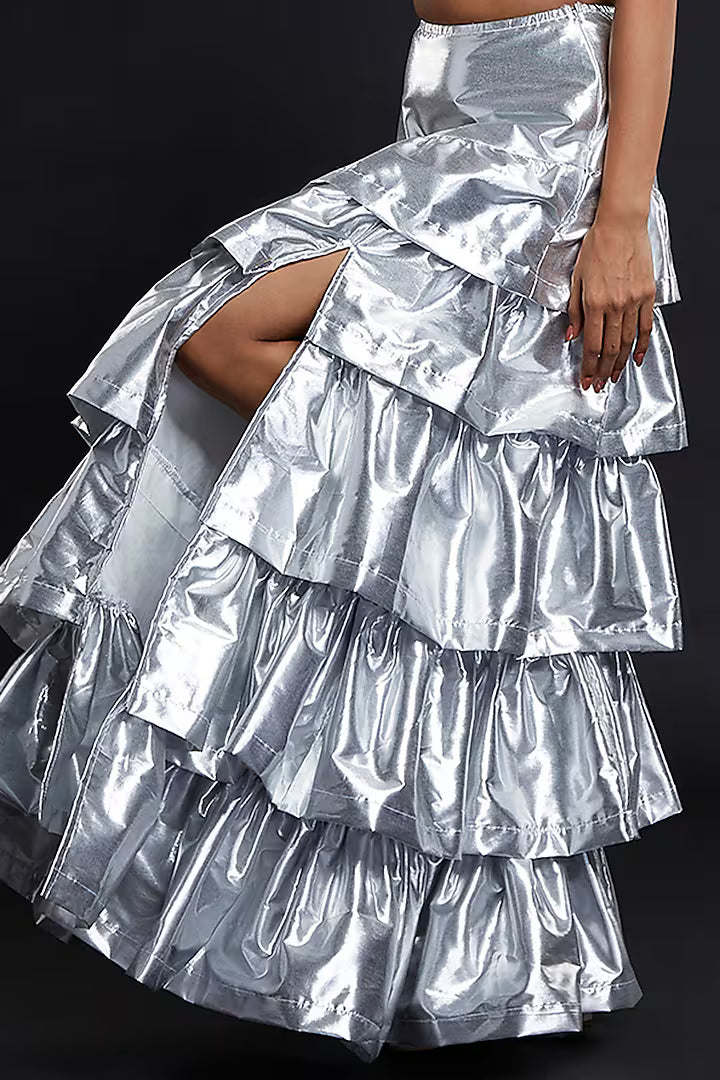 Silver Recycled Polyester Tiered Lehenga Set