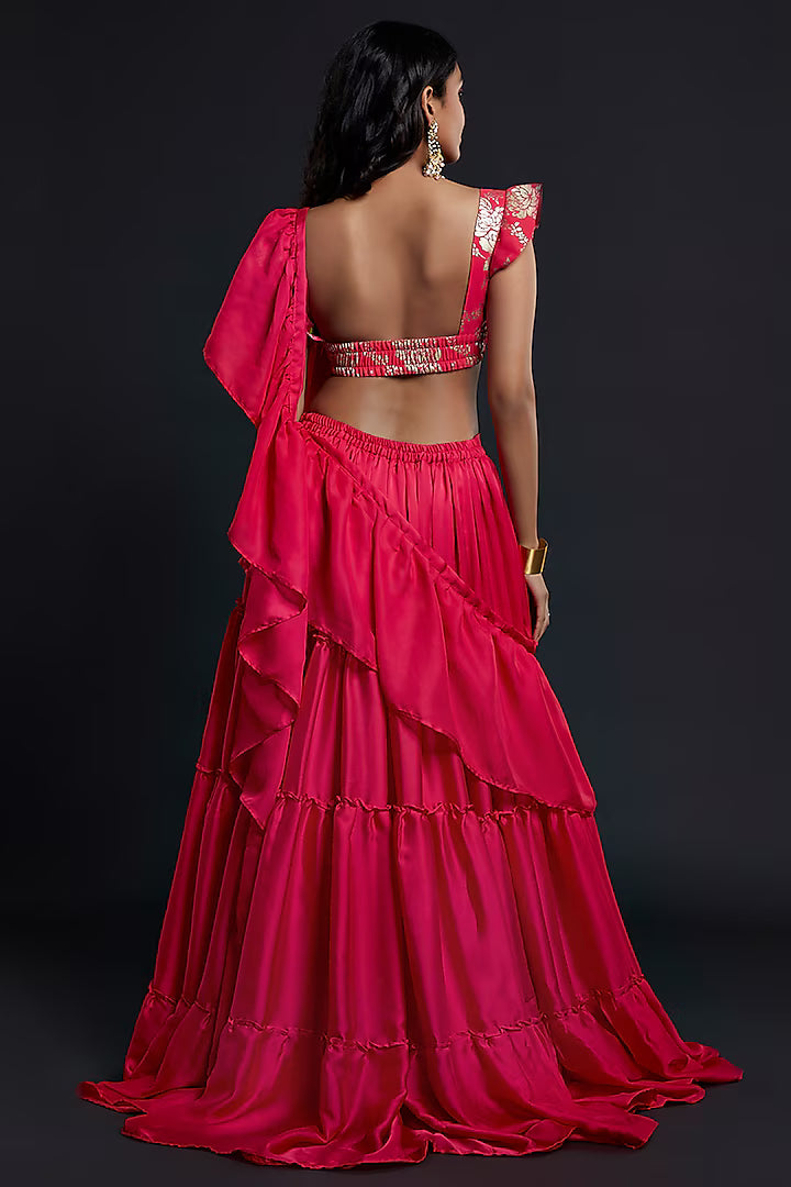 Fuchsia Recycled Polyester Pre-Draped Saree Set