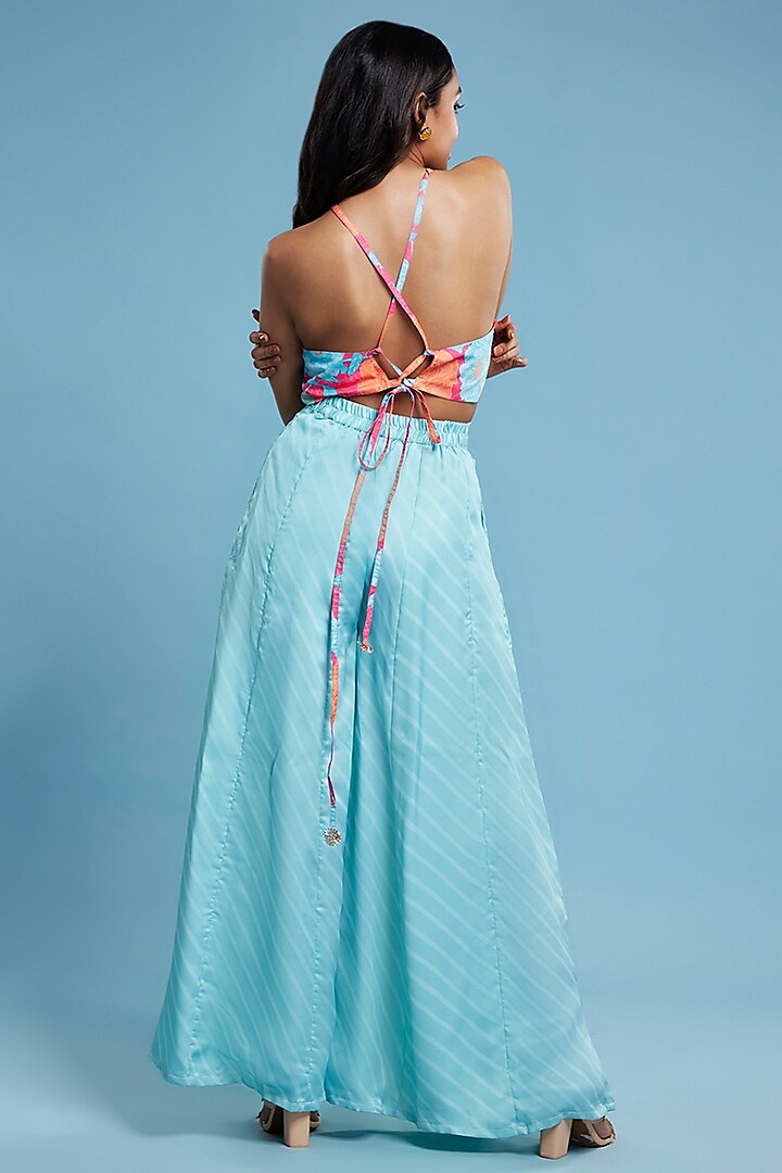 Blue Satin Georgette Leheriya Flared Pant Set
