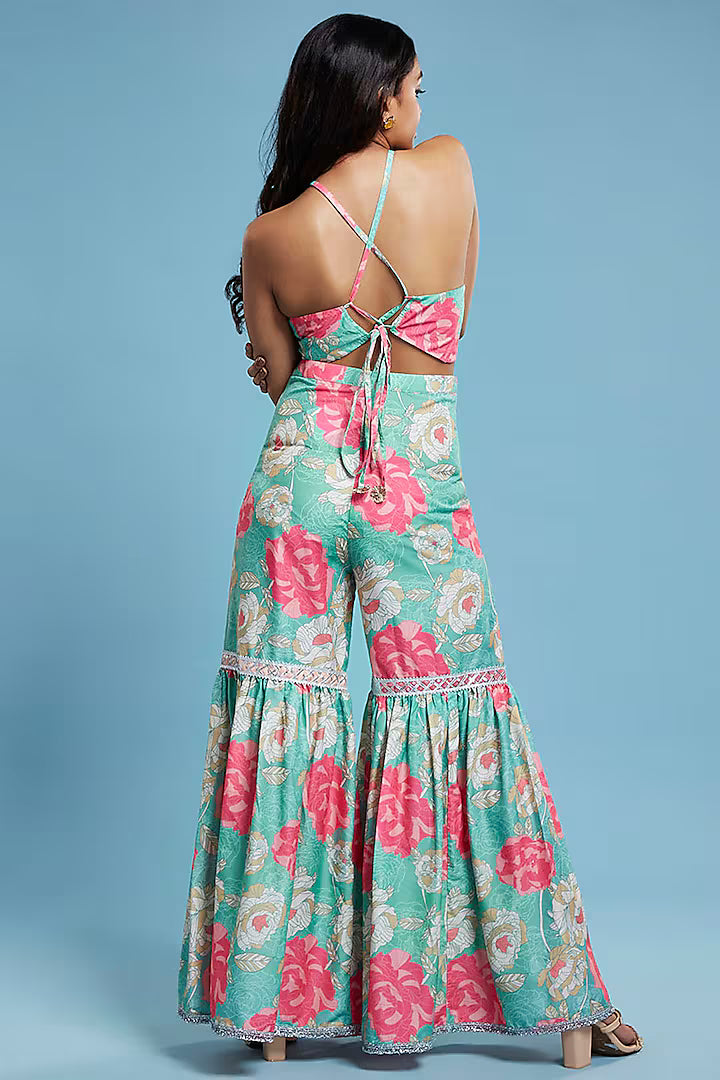 Multi-Colored Satin Georgette Floral Printed Sharara Set