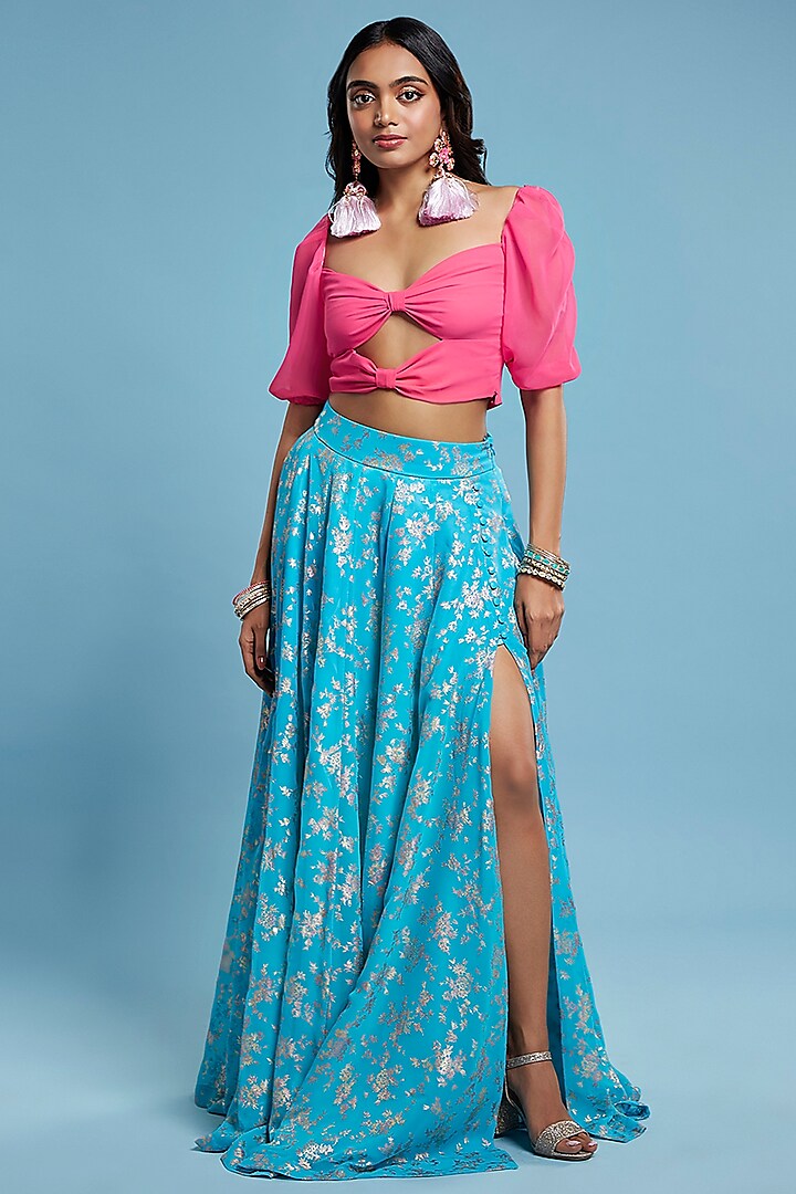 Turquoise Blue Recycled Polyester Lehenga Set