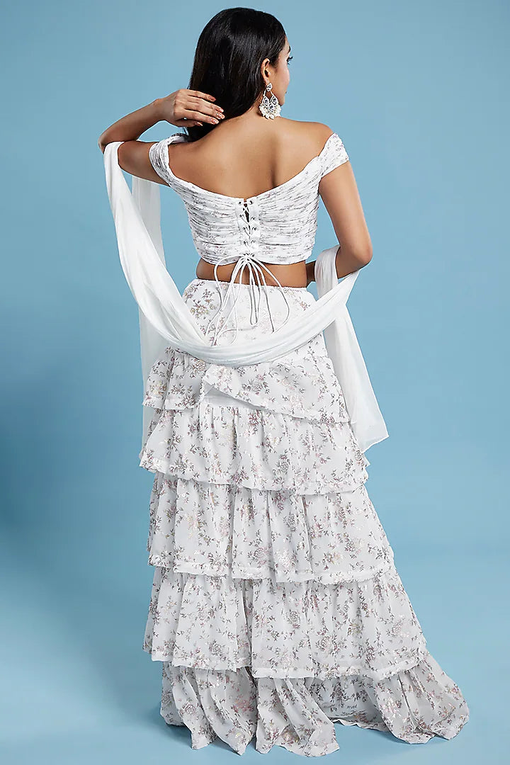 White Recycled Polyester Tiered Lehenga Set
