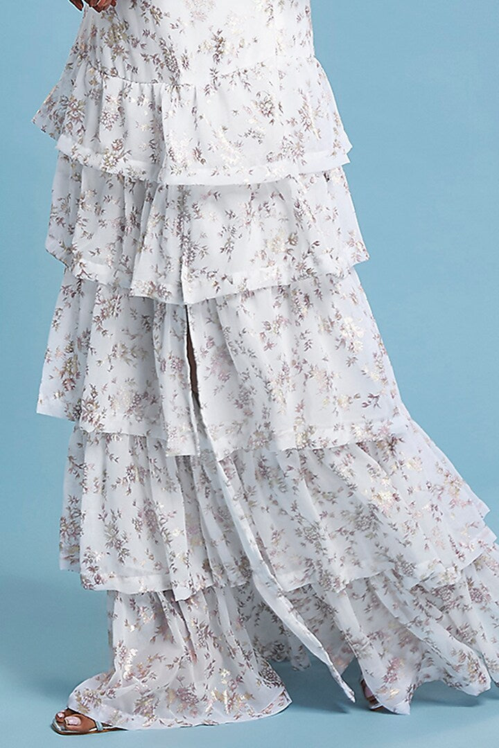 White Recycled Polyester Tiered Lehenga Set