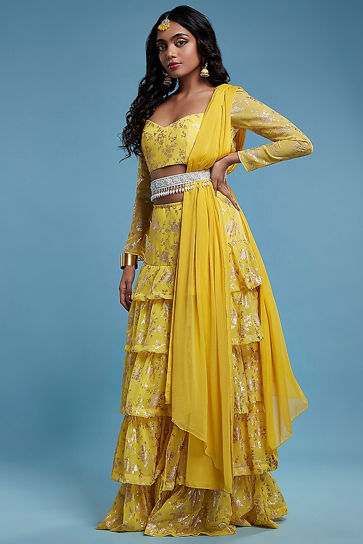 Yellow Recycled Polyester Tiered Lehenga Set