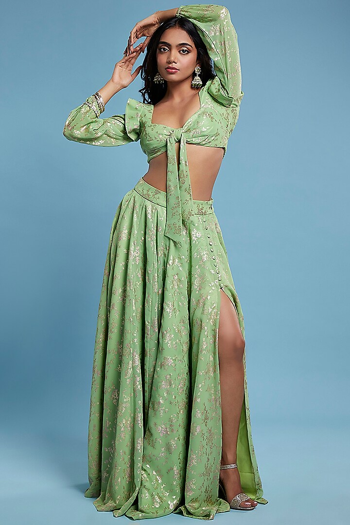 Green Recycled Polyester Tiered Lehenga Set