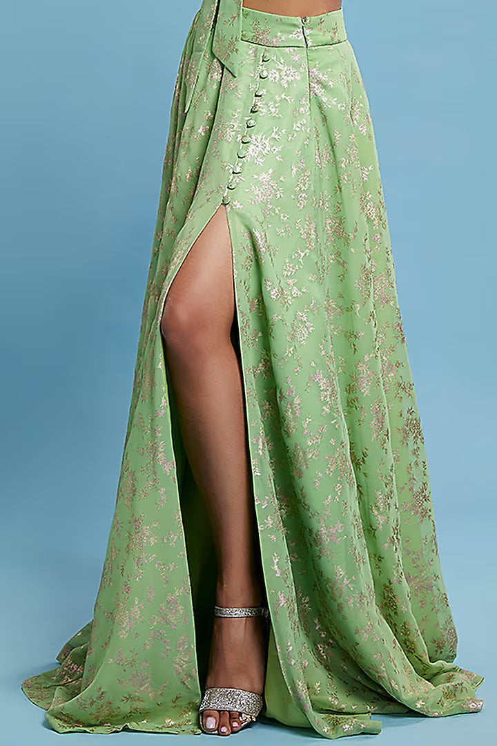 Green Recycled Polyester Tiered Lehenga Set