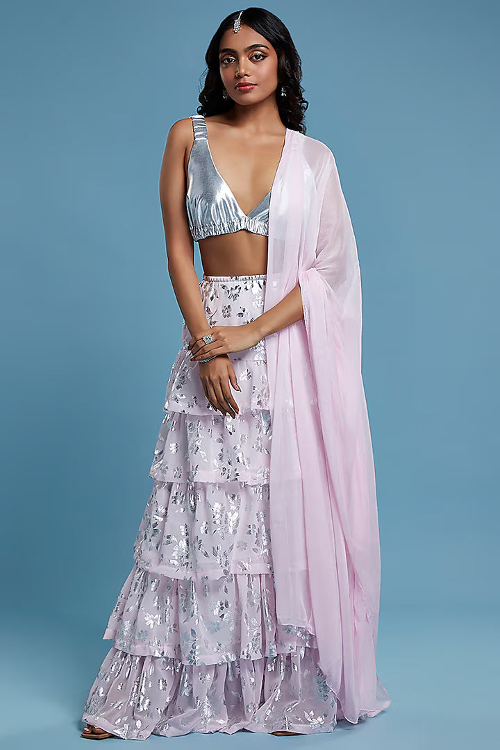 Baby Pink Recycled Polyester Tiered Lehenga Set