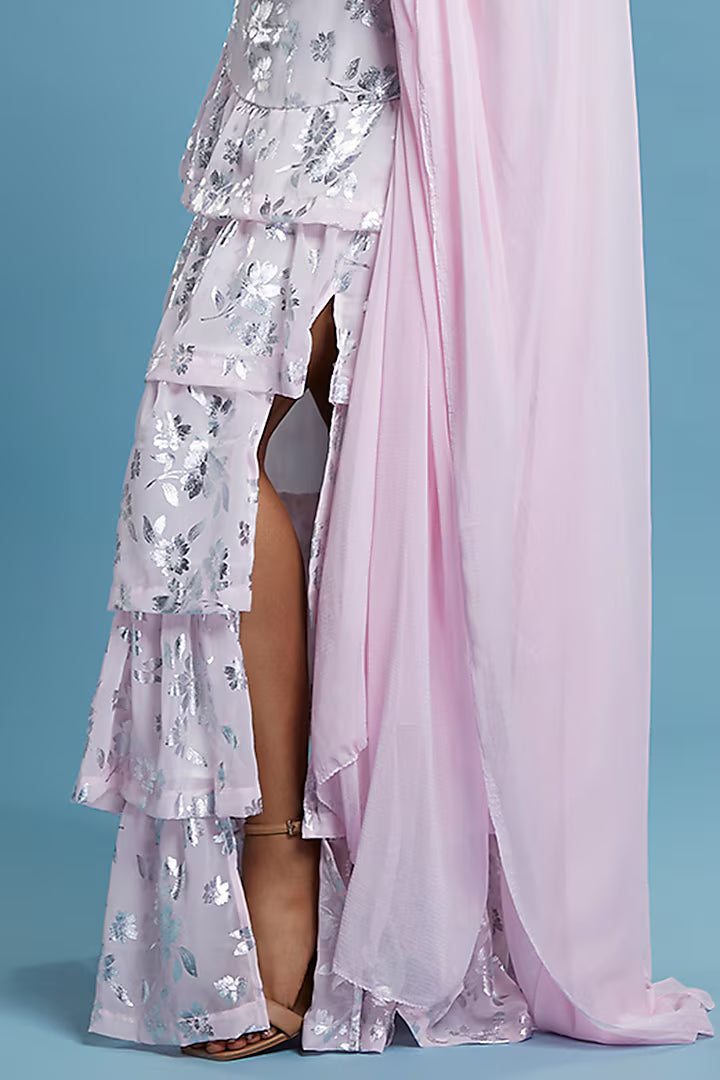 Baby Pink Recycled Polyester Tiered Lehenga Set