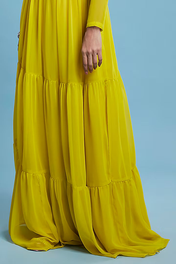 Lime Recycled Polyester Tiered Lehenga Set