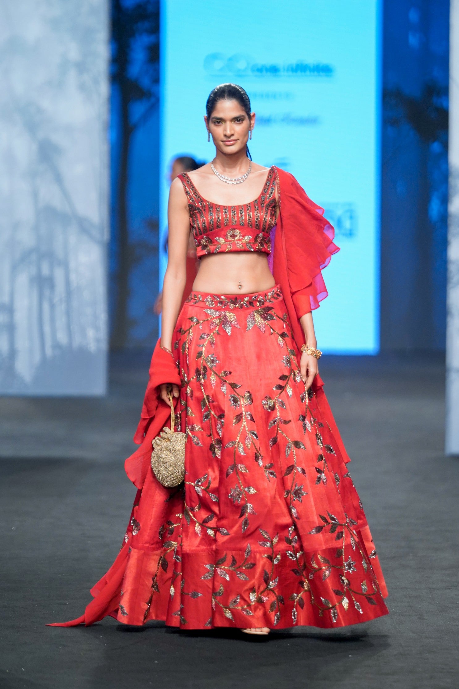 Marrot lehenga with blouse and  Ruffle dupatta