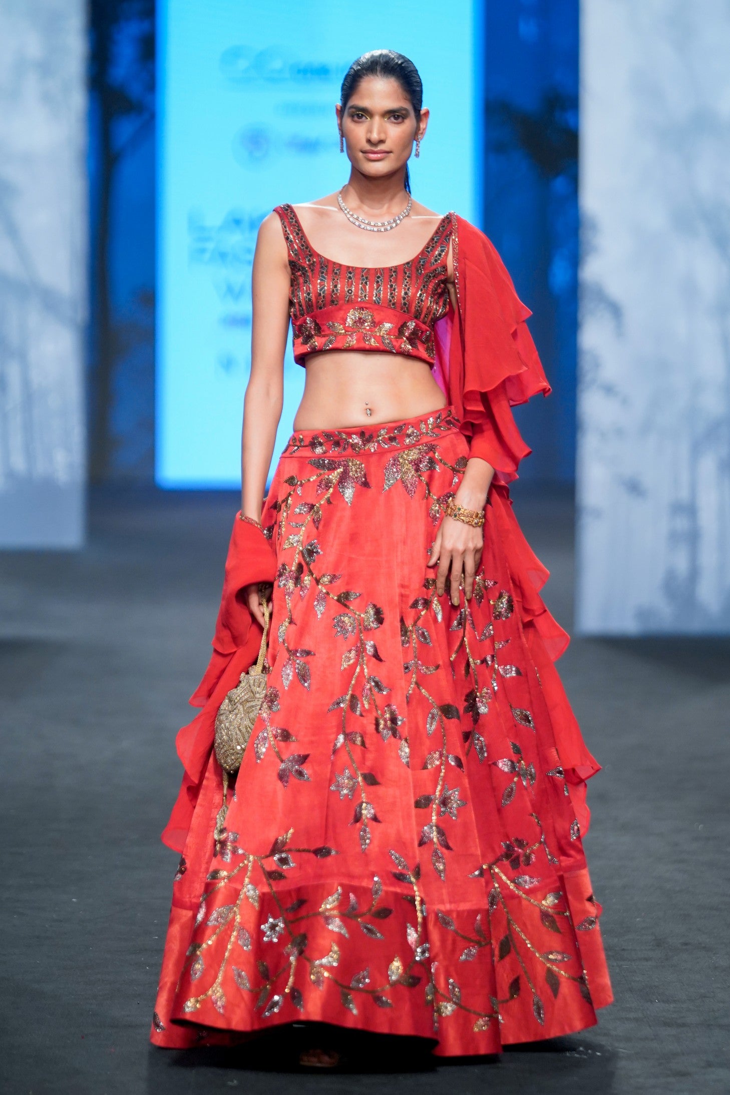 Marrot lehenga with blouse and  Ruffle dupatta