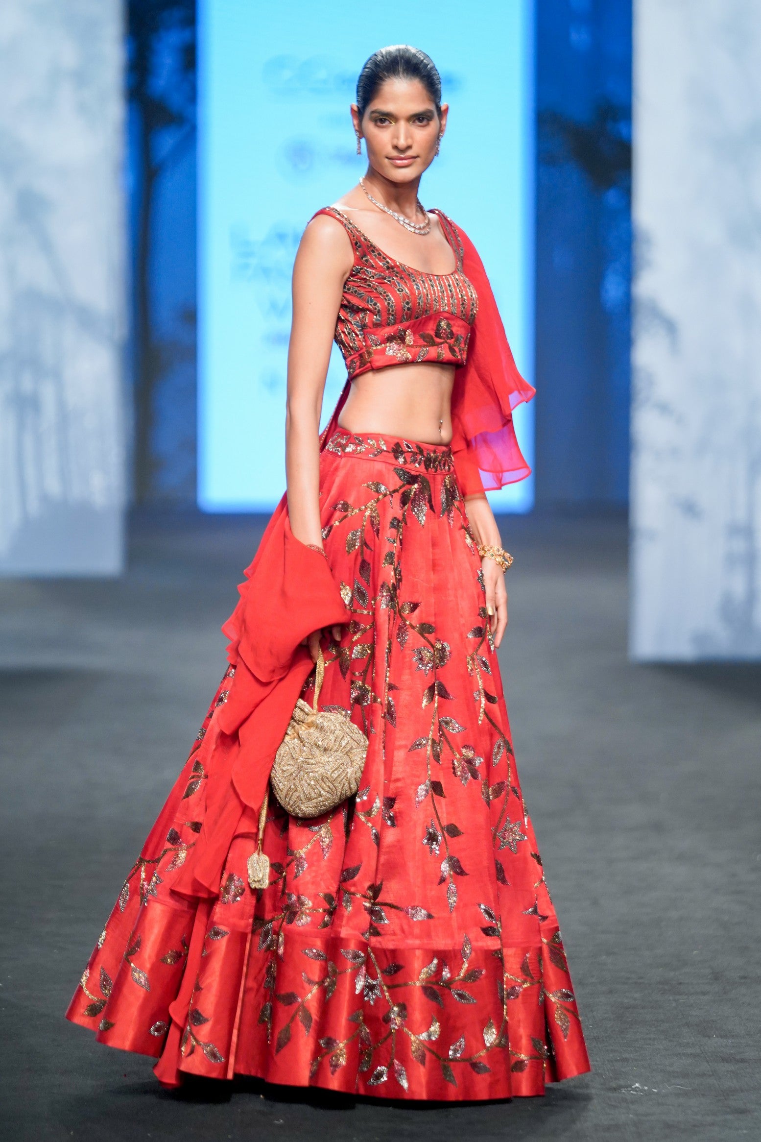Marrot lehenga with blouse and  Ruffle dupatta