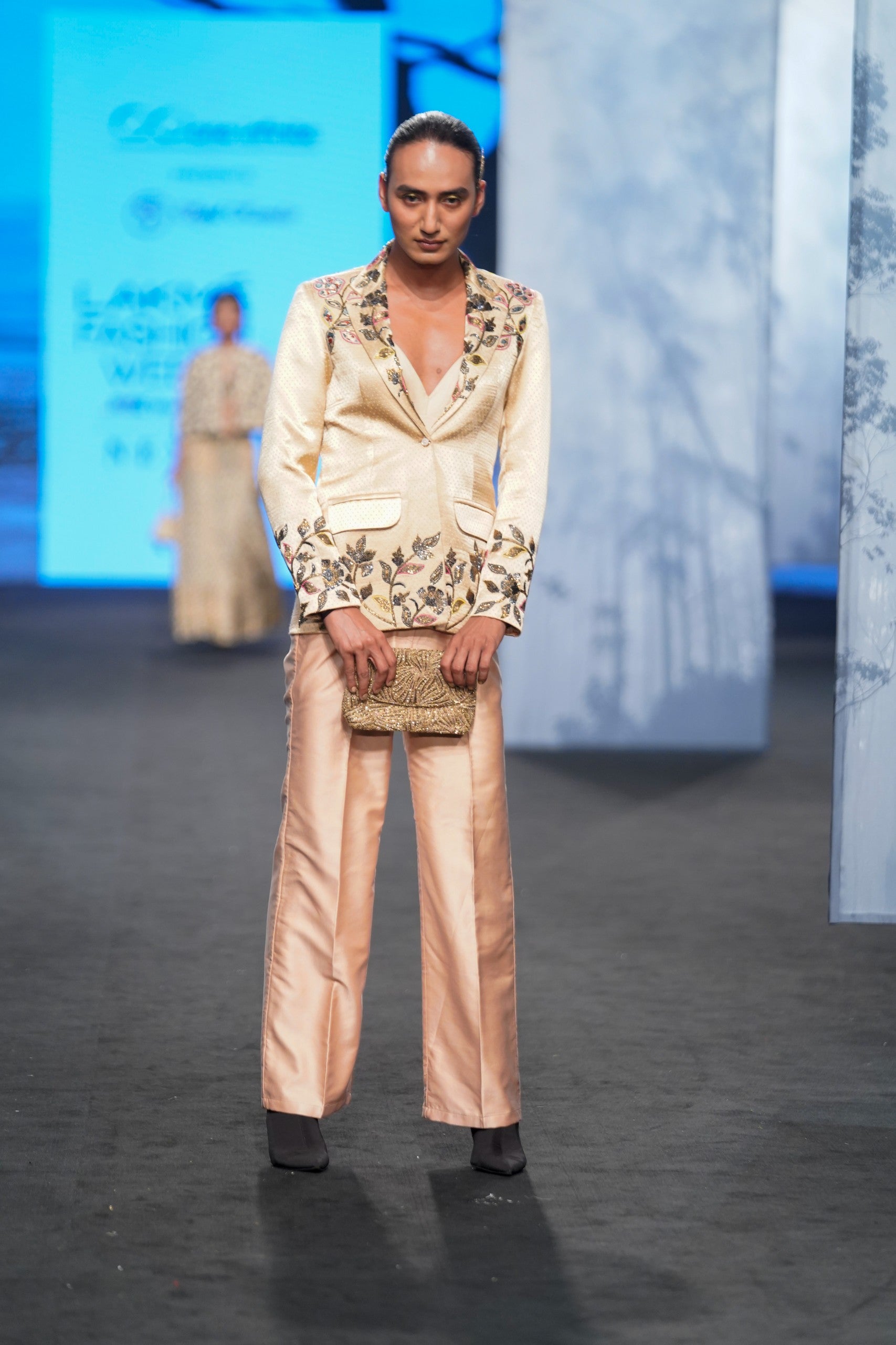 Beige embellished jacket with pants