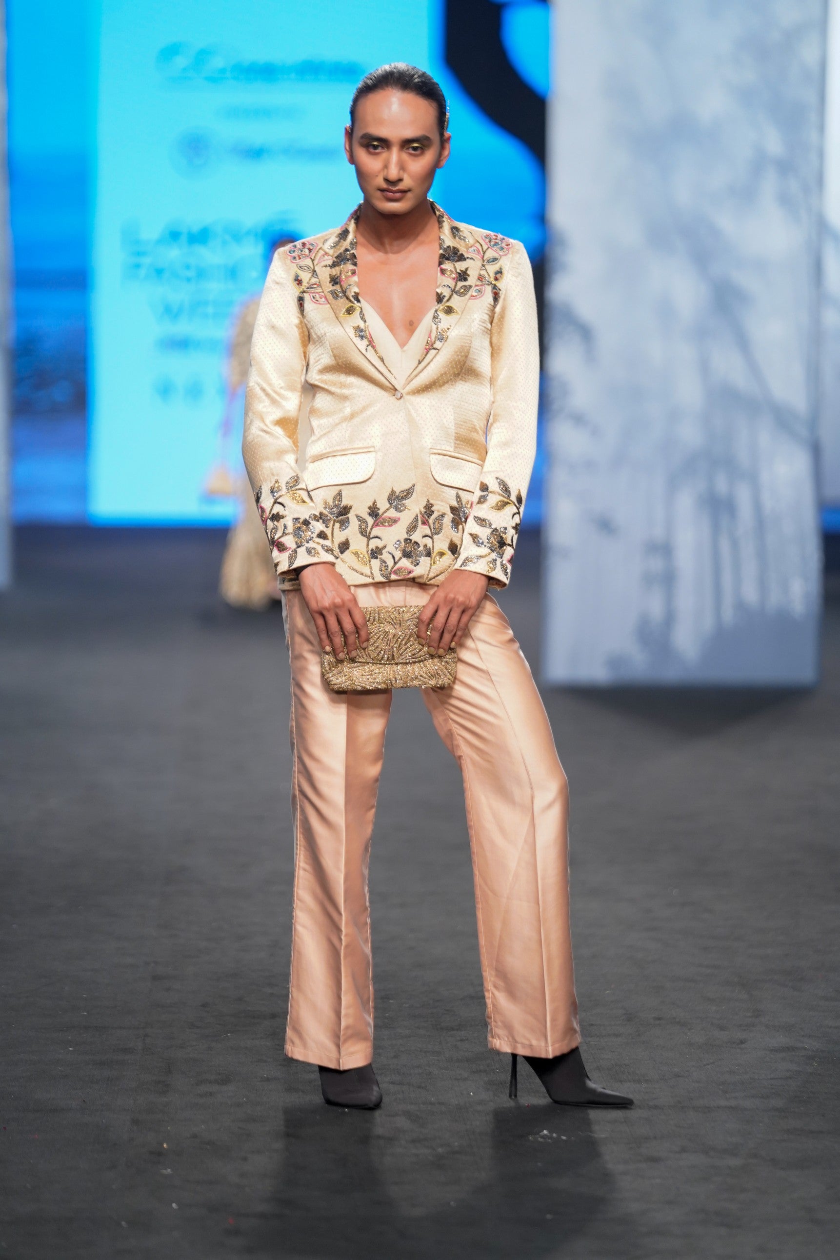 Beige embellished jacket with pants