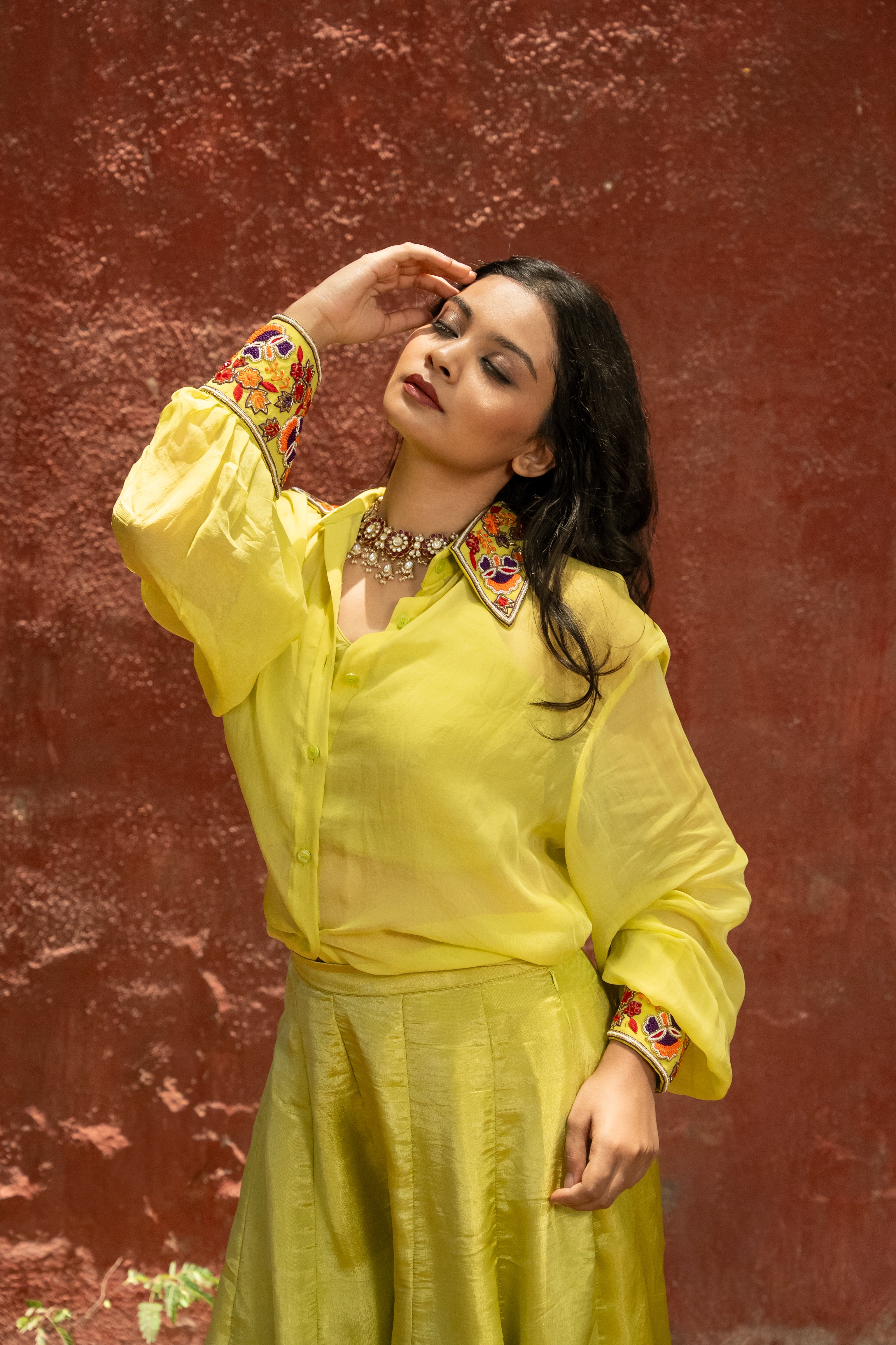 Green Hand Embrioderied Shirt with Flarred plazzos