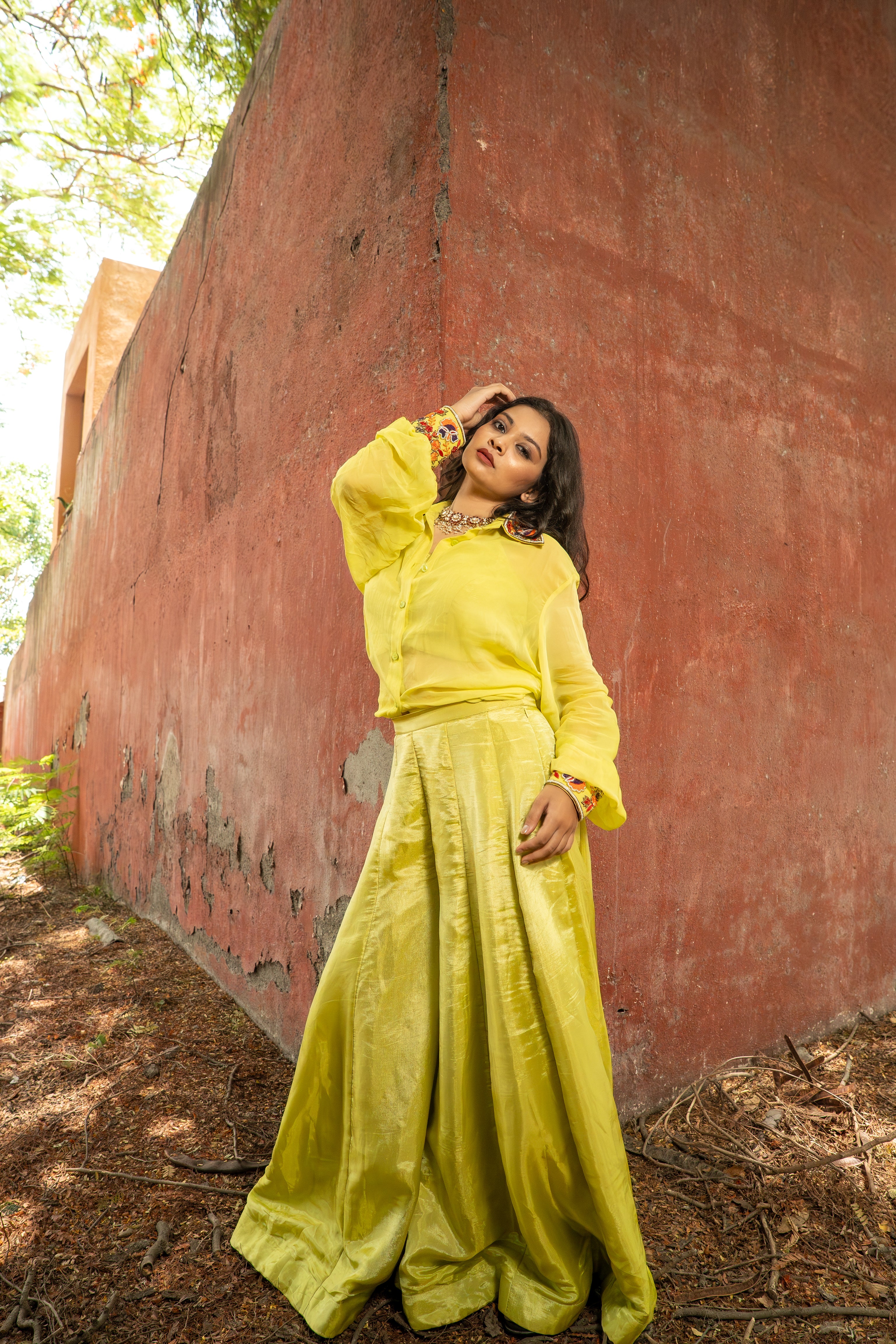 Green Hand Embrioderied Shirt with Flarred plazzos