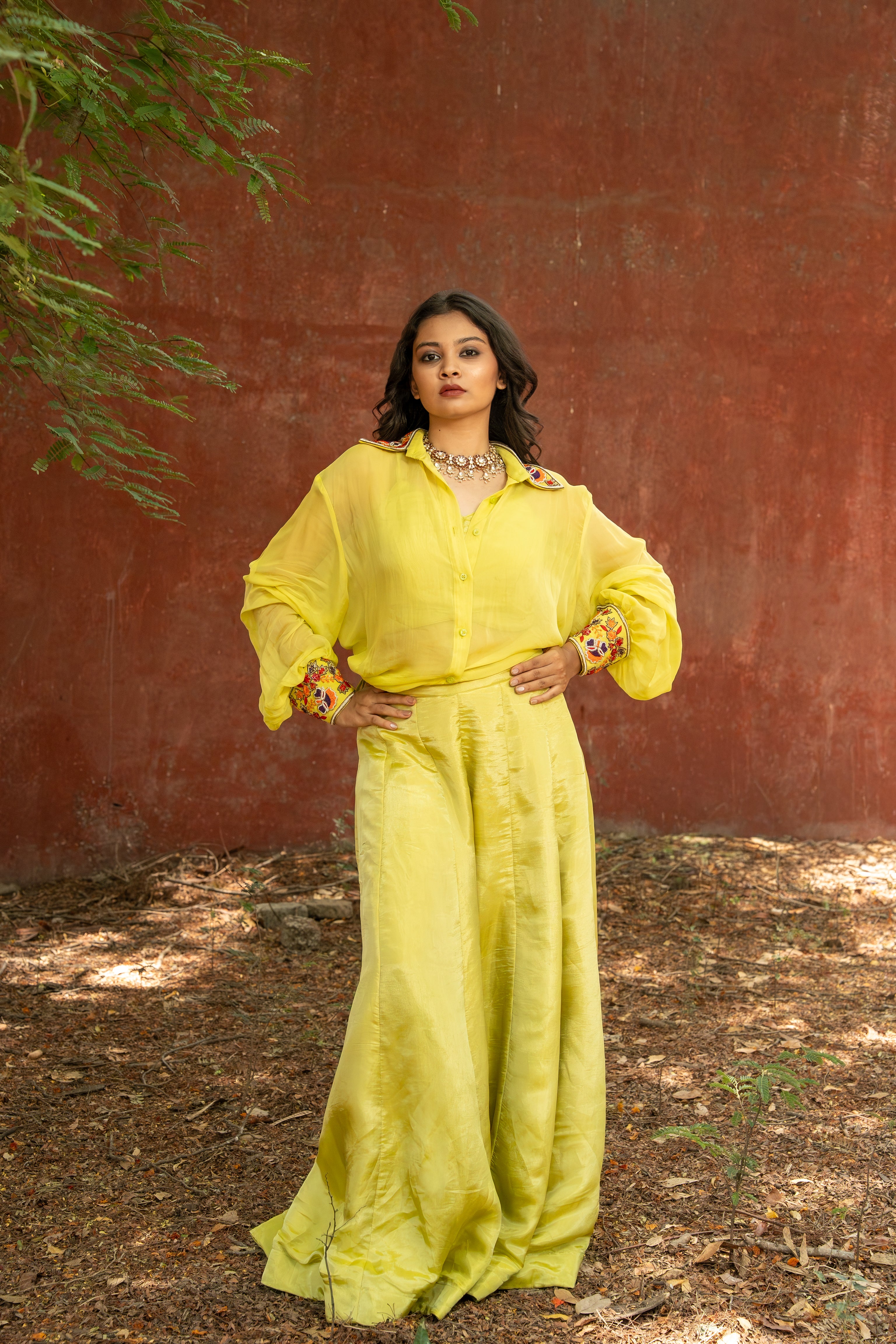 Green Hand Embrioderied Shirt with Flarred plazzos