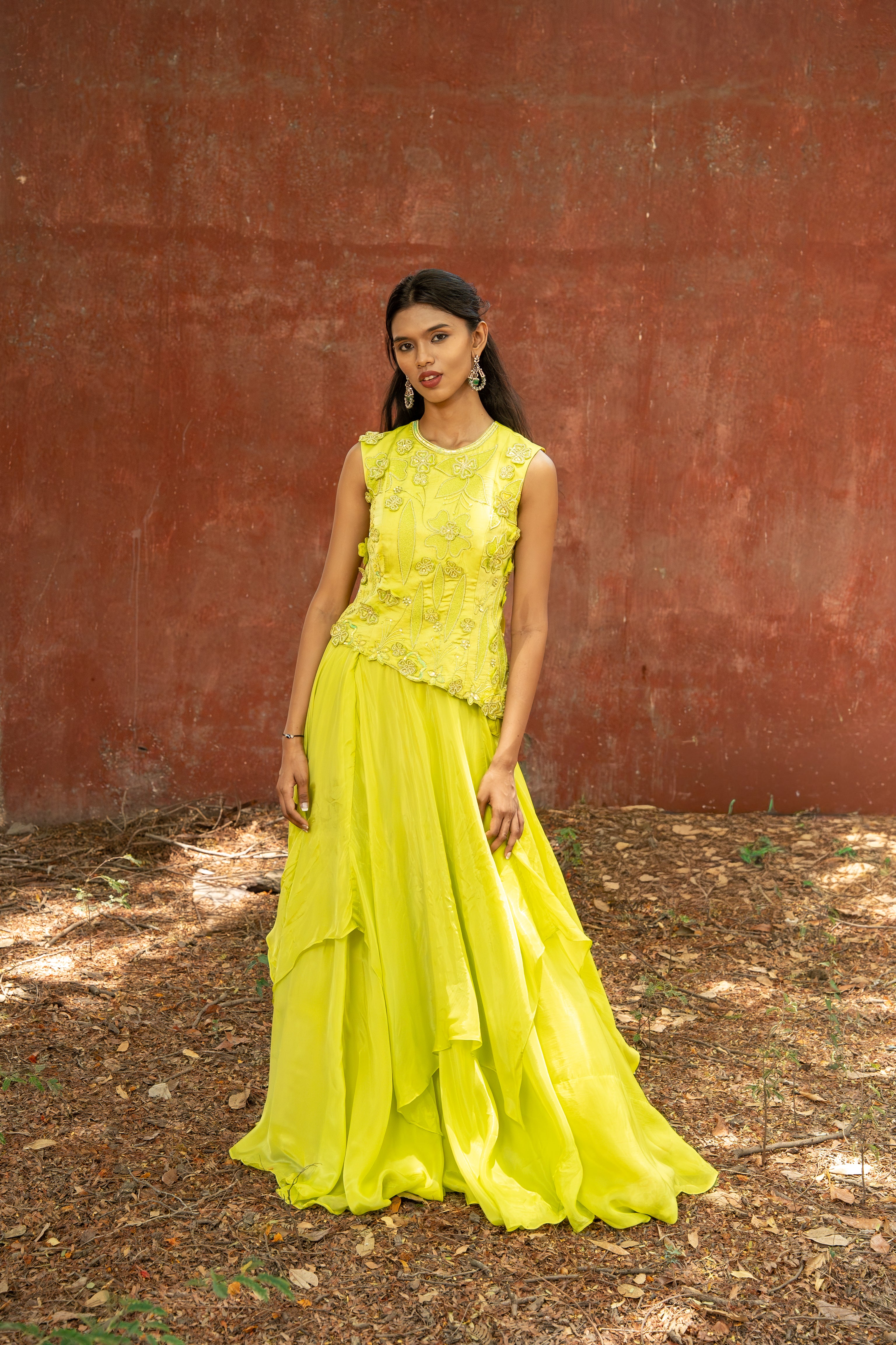 Green assymetric top with ruffle skirt