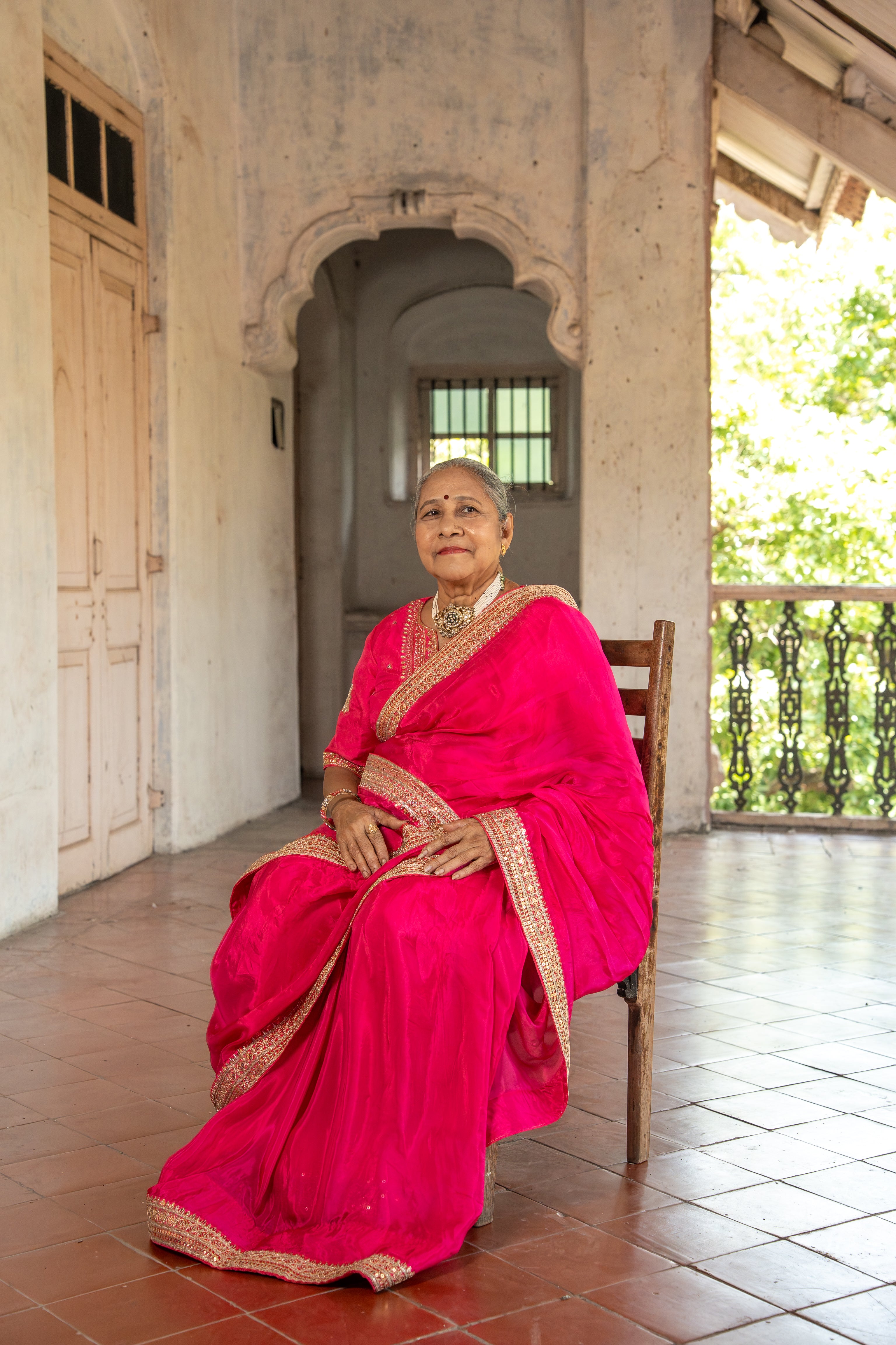 Fushcia pink Organza saree with handwork blouse