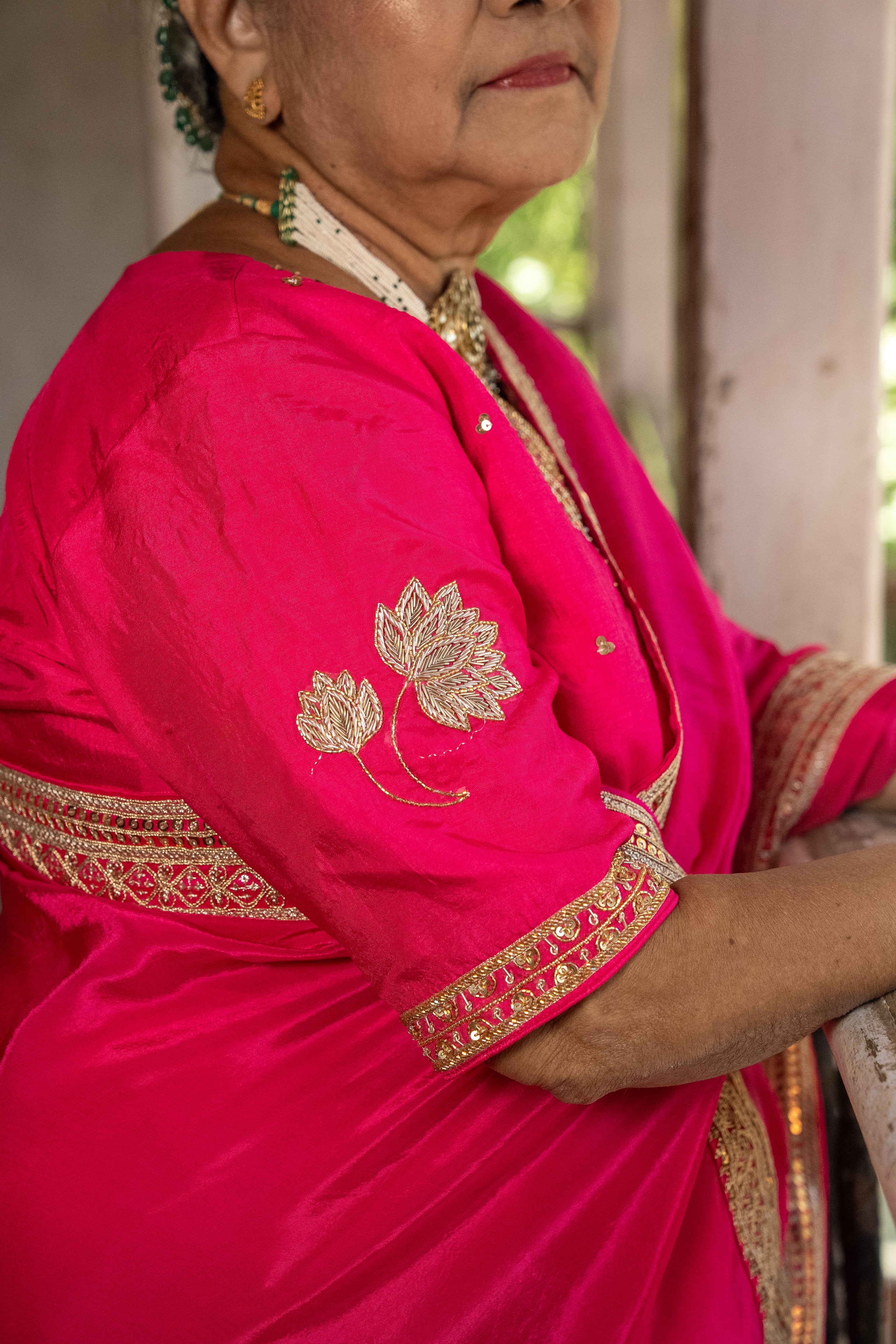 Fushcia pink Organza saree with handwork blouse