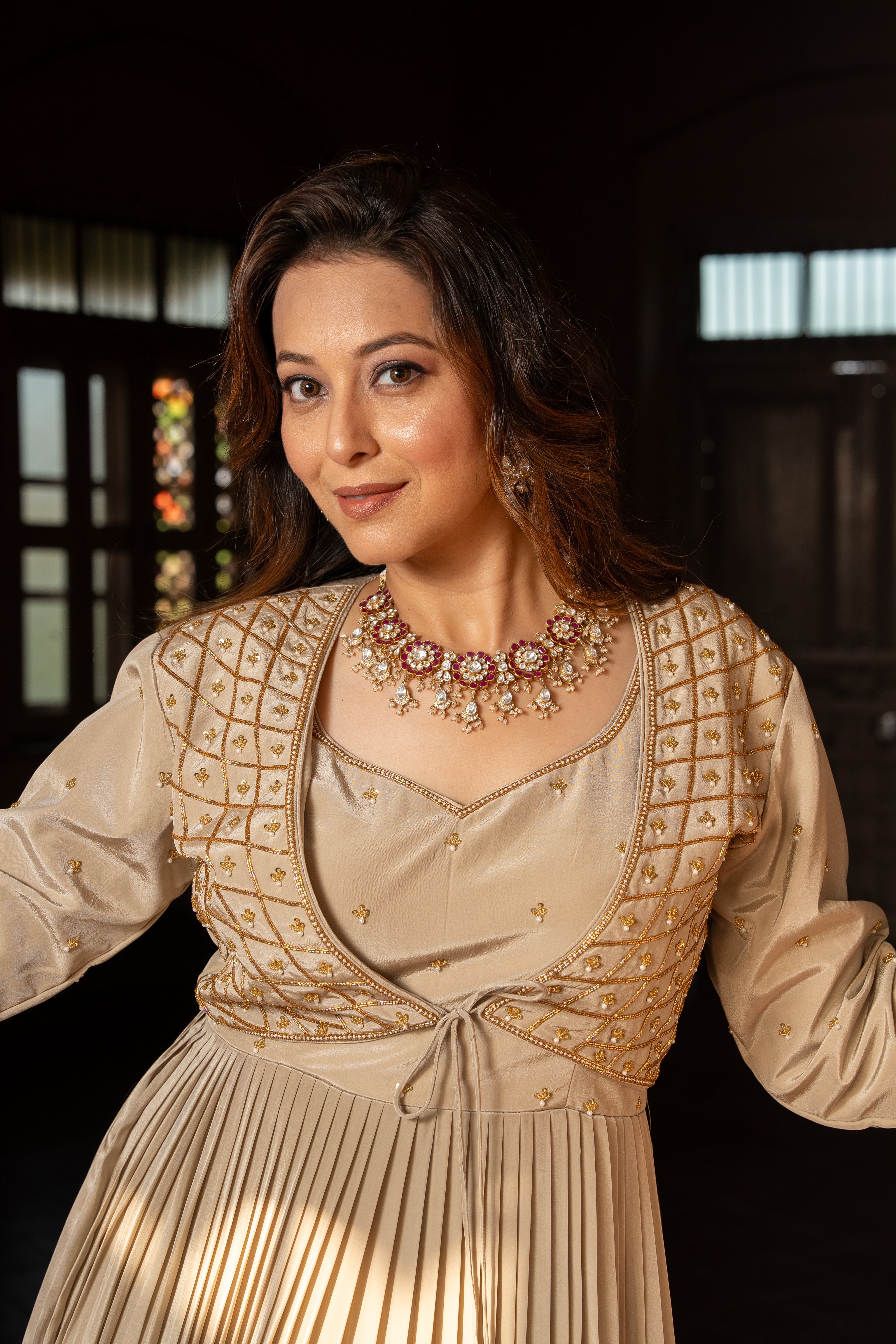 Beige Grey Colored handwork gown with Jacket
