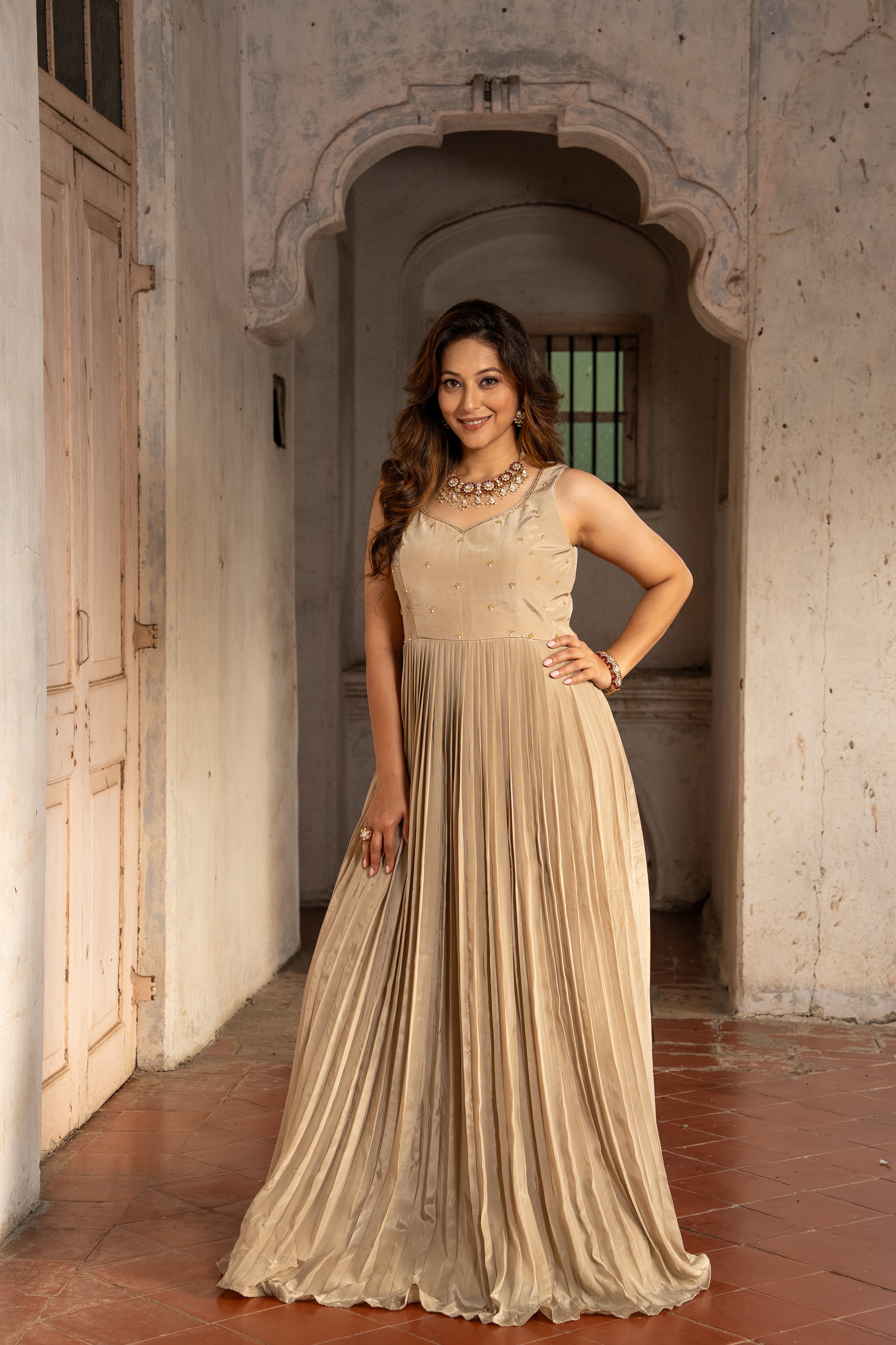 Beige Grey Colored handwork gown with Jacket