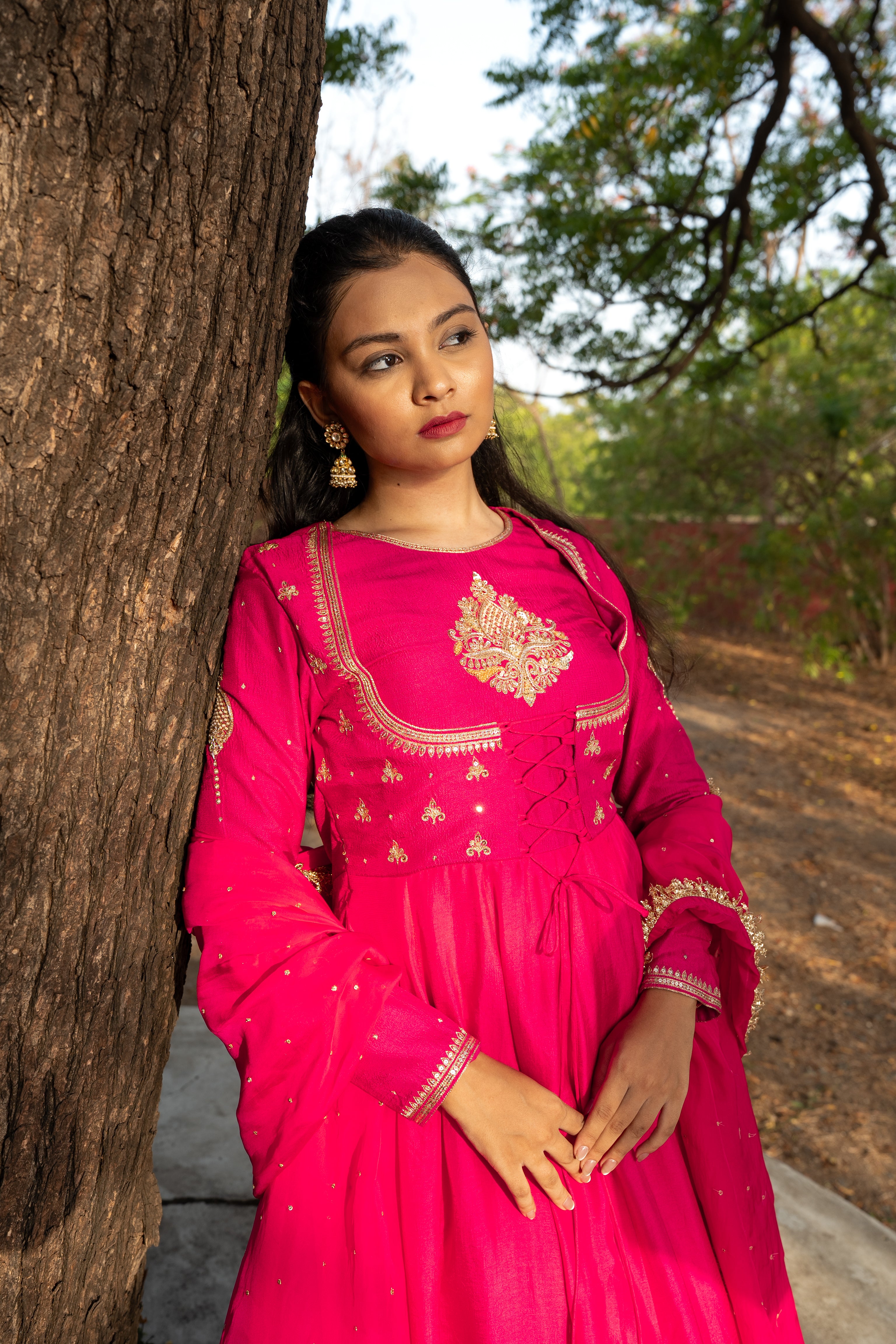 Fuchsia Pink double yoke suit set with dupatta