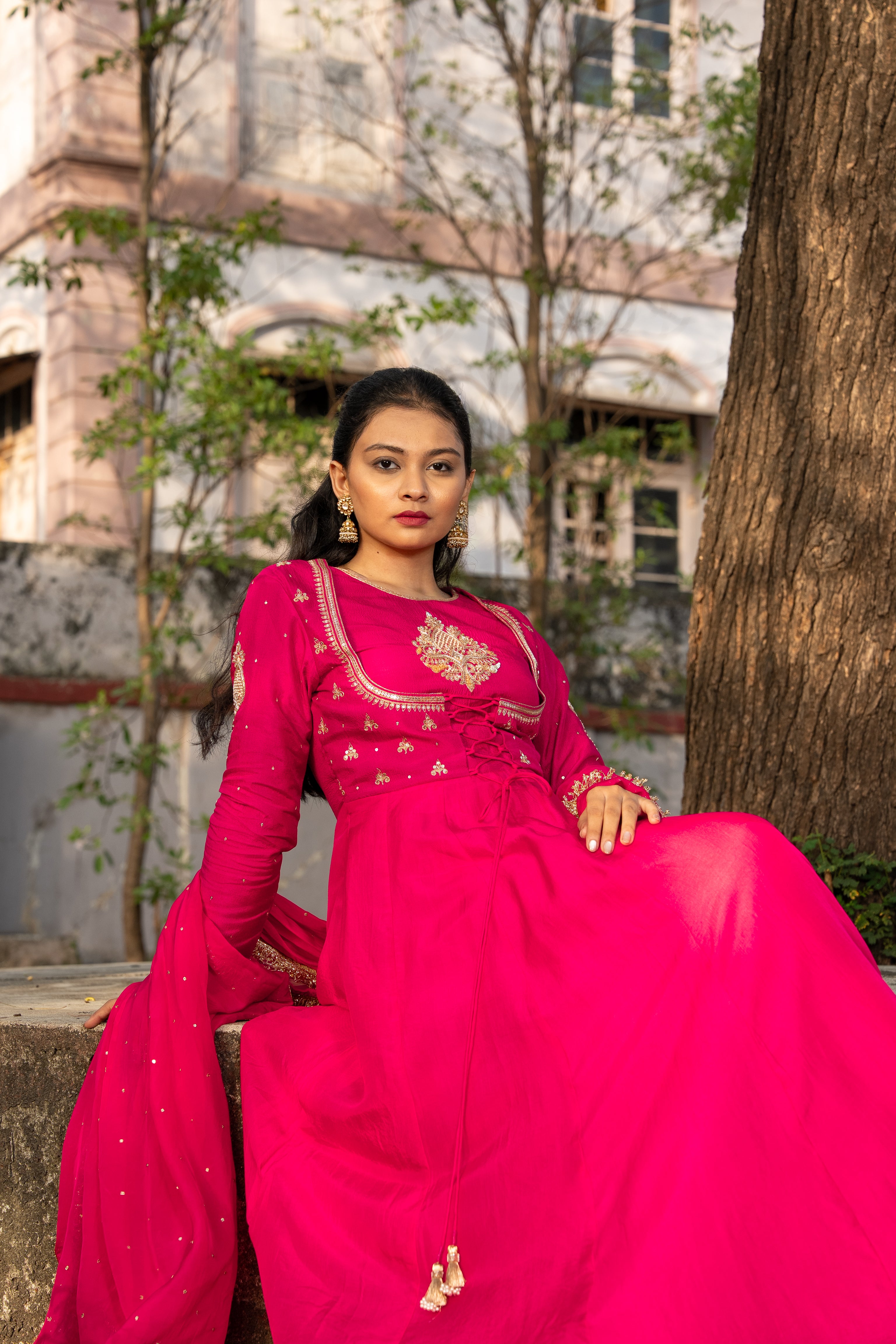 Fuchsia Pink double yoke suit set with dupatta