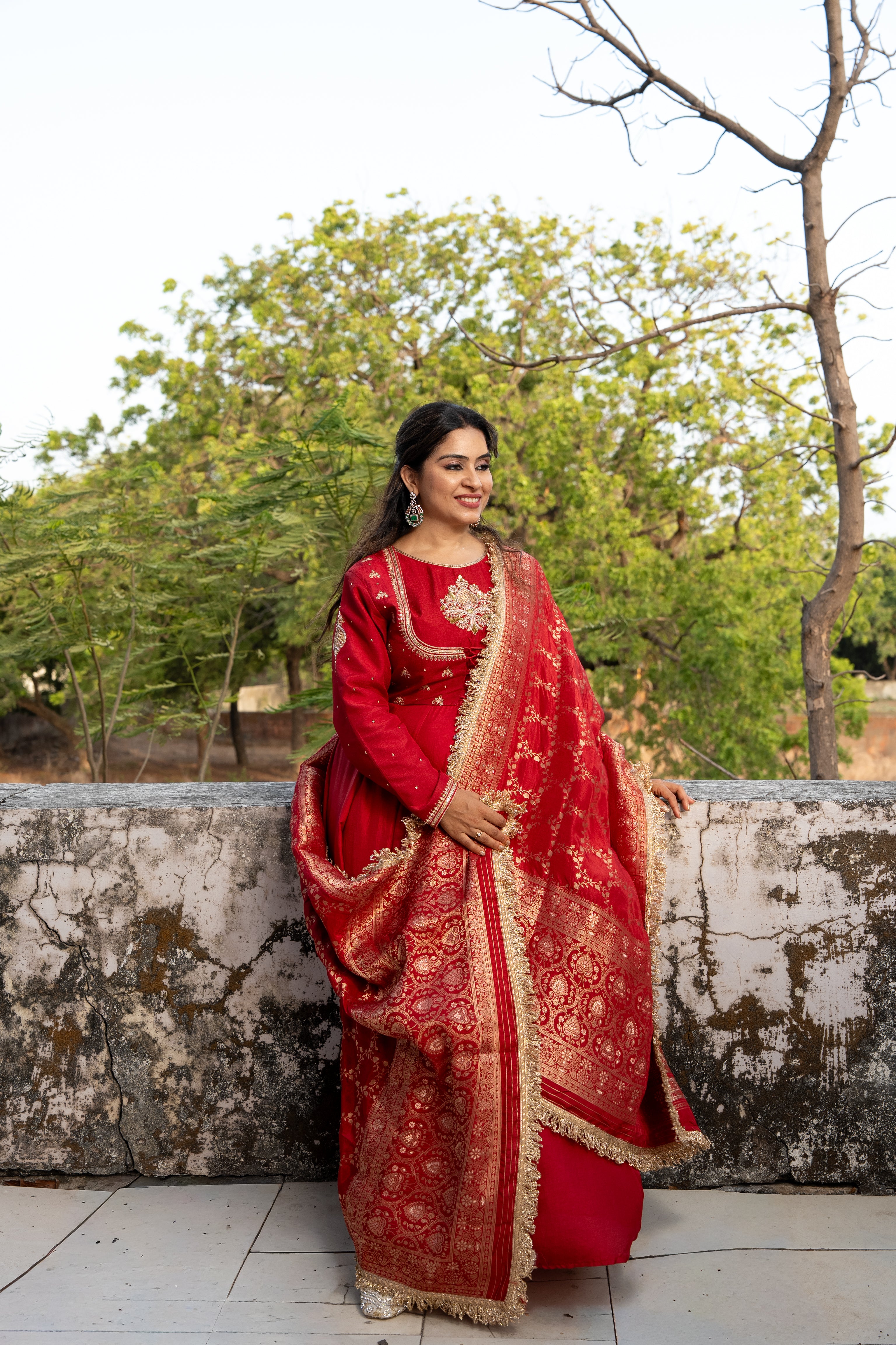 Red double yoke suit set with dupatta
