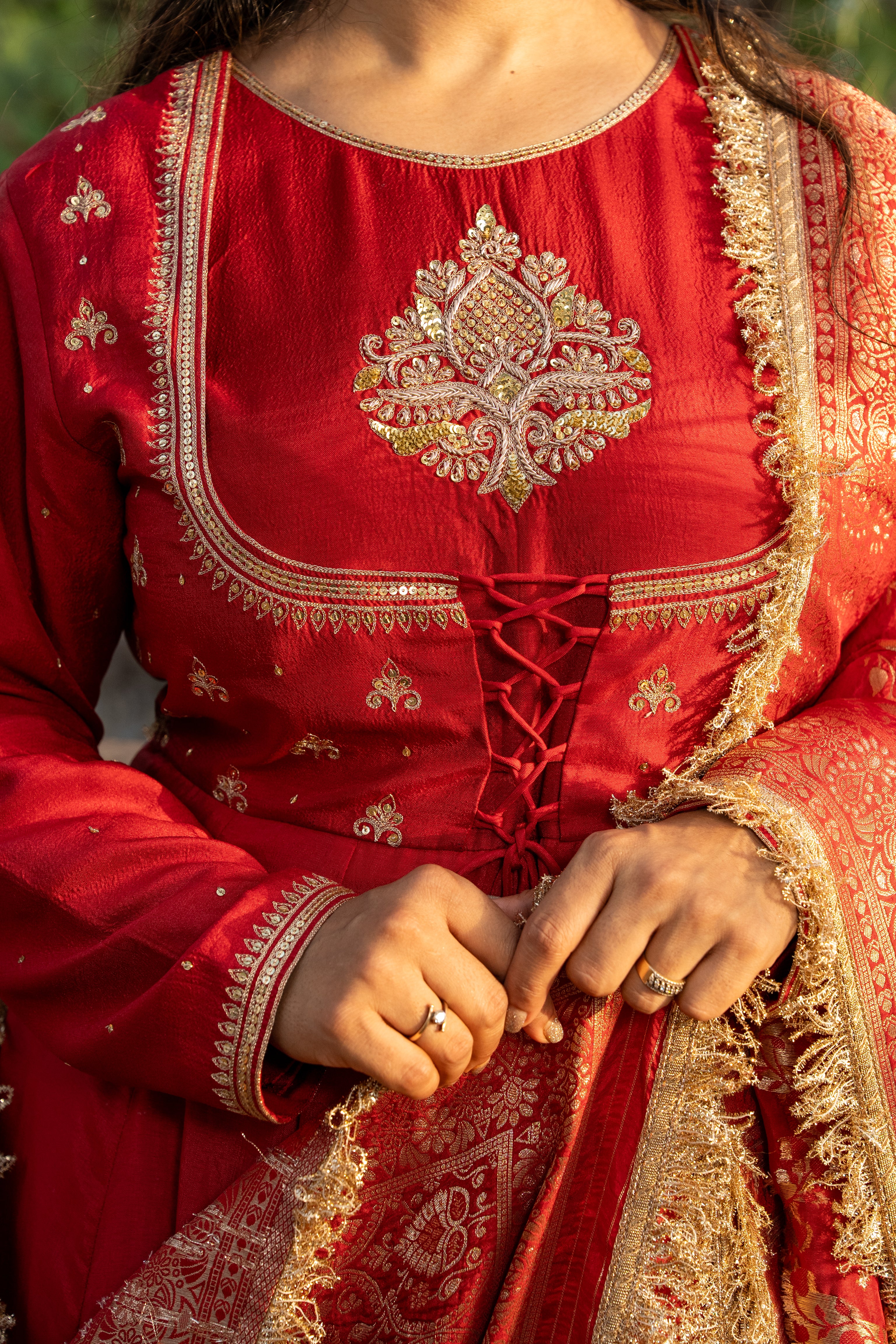 Red double yoke suit set with dupatta