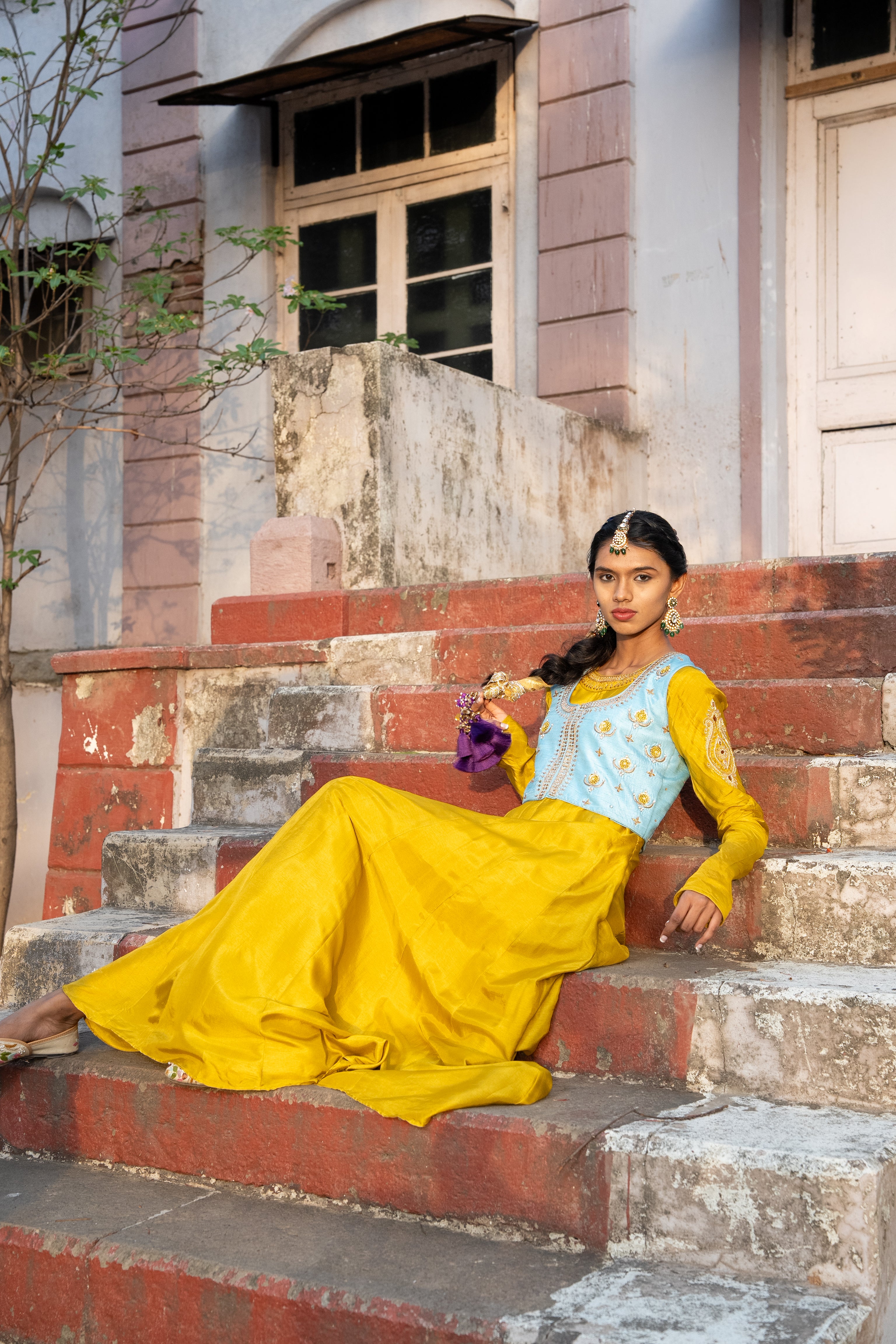 Mustard green Anarkali gown with jacket set