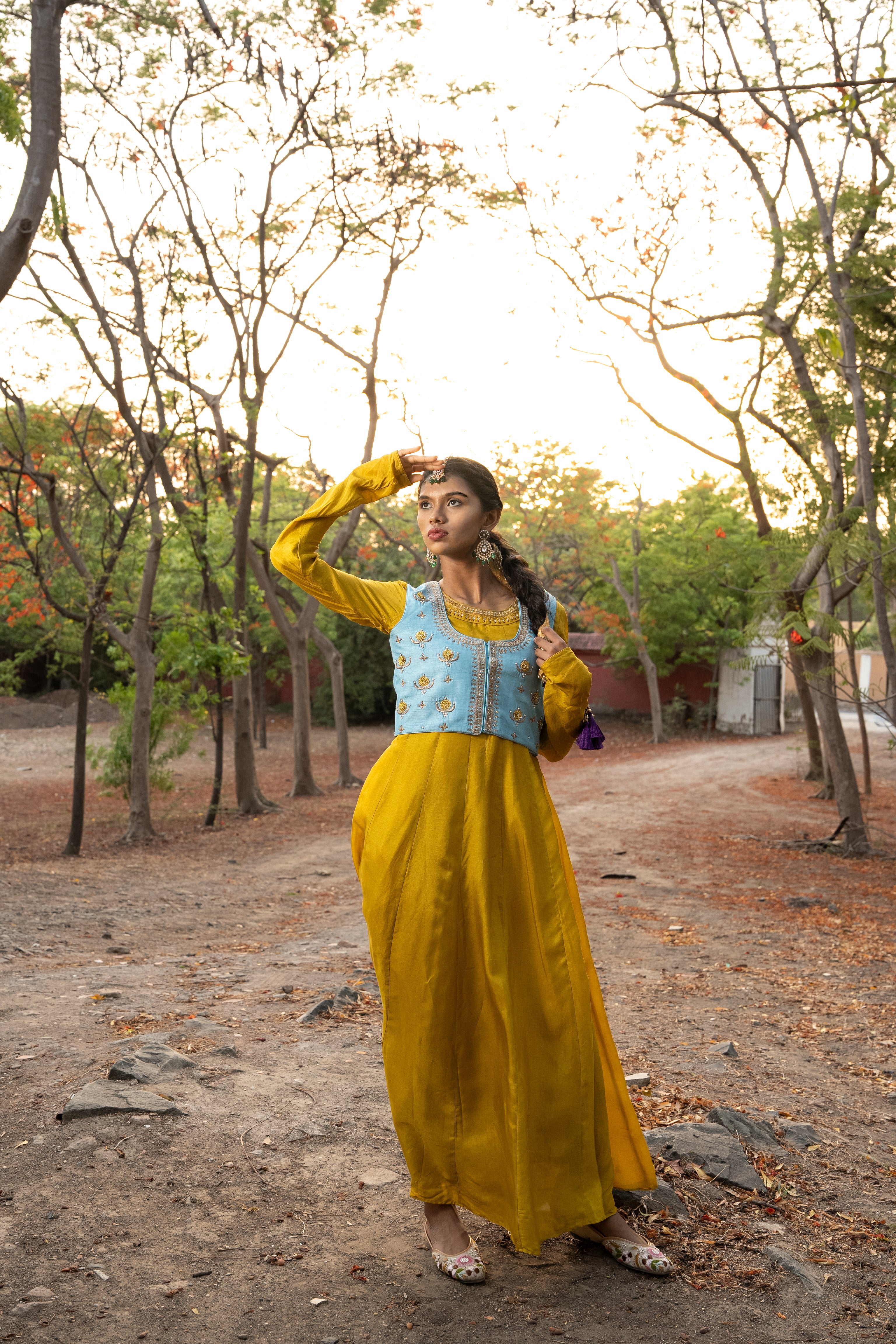 Mustard green Anarkali gown with jacket set