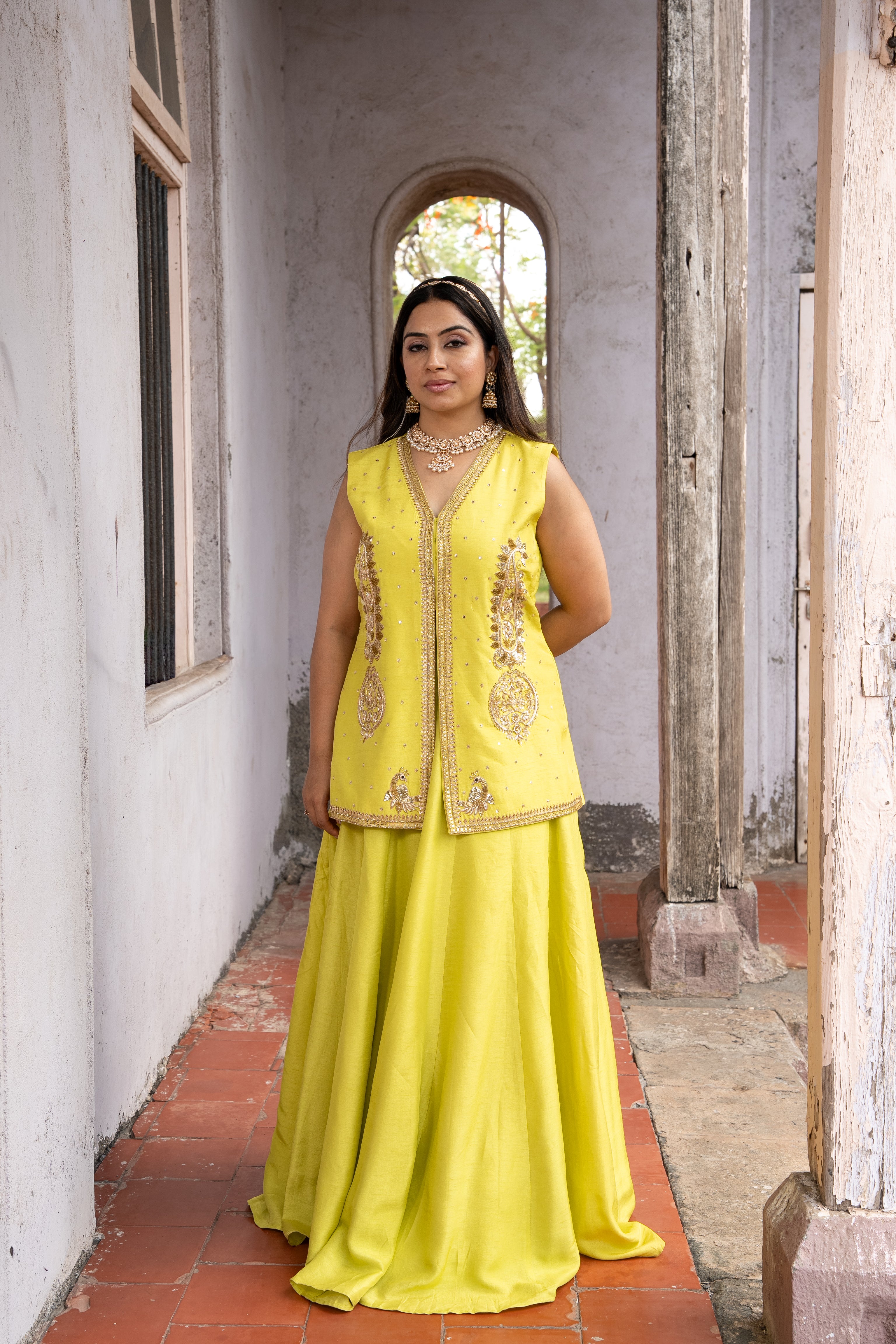 Green Sleveless jacket with Kali Skirt