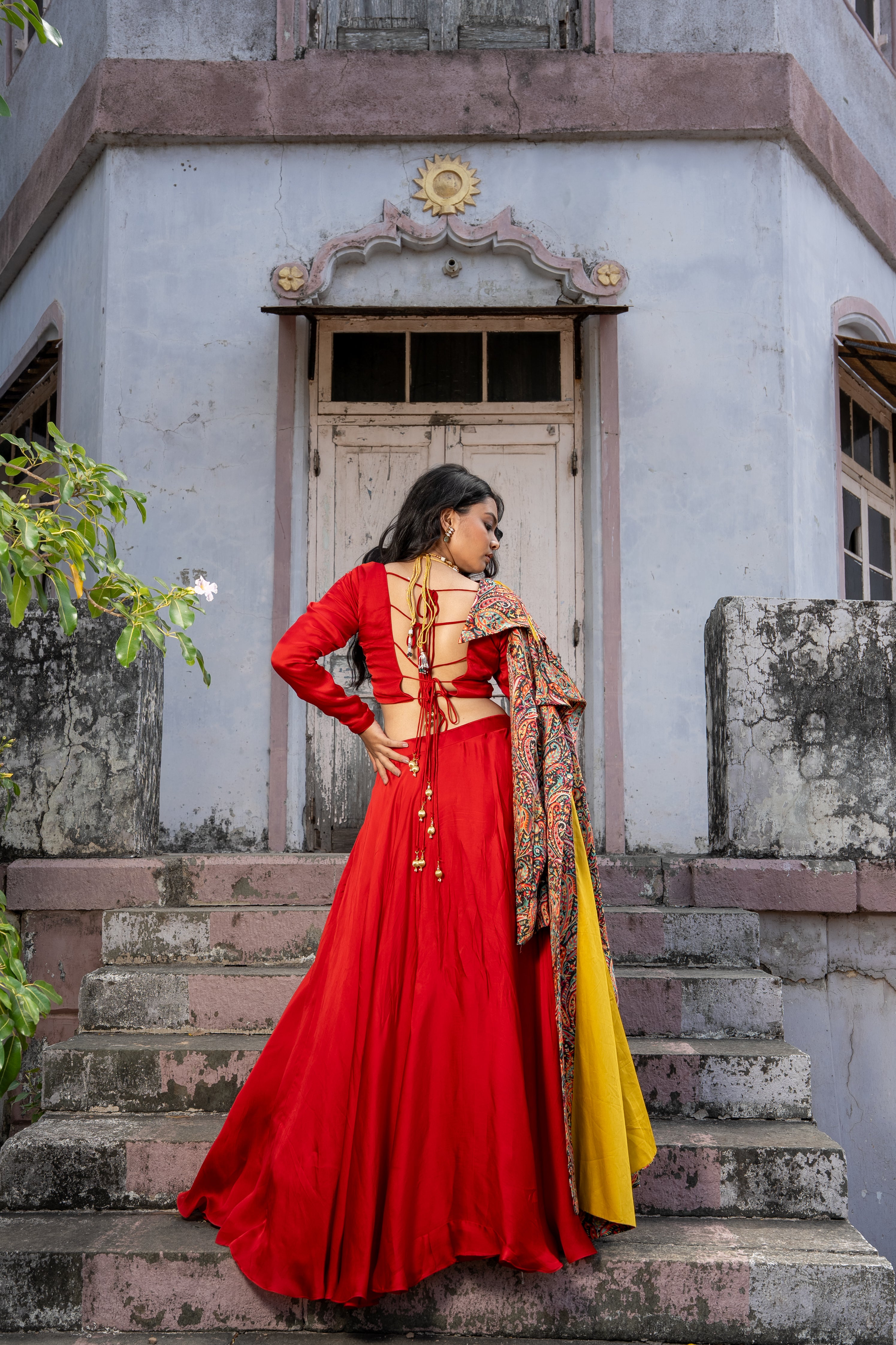 Red Paisley Printed long blazer with Skirt and Blouse