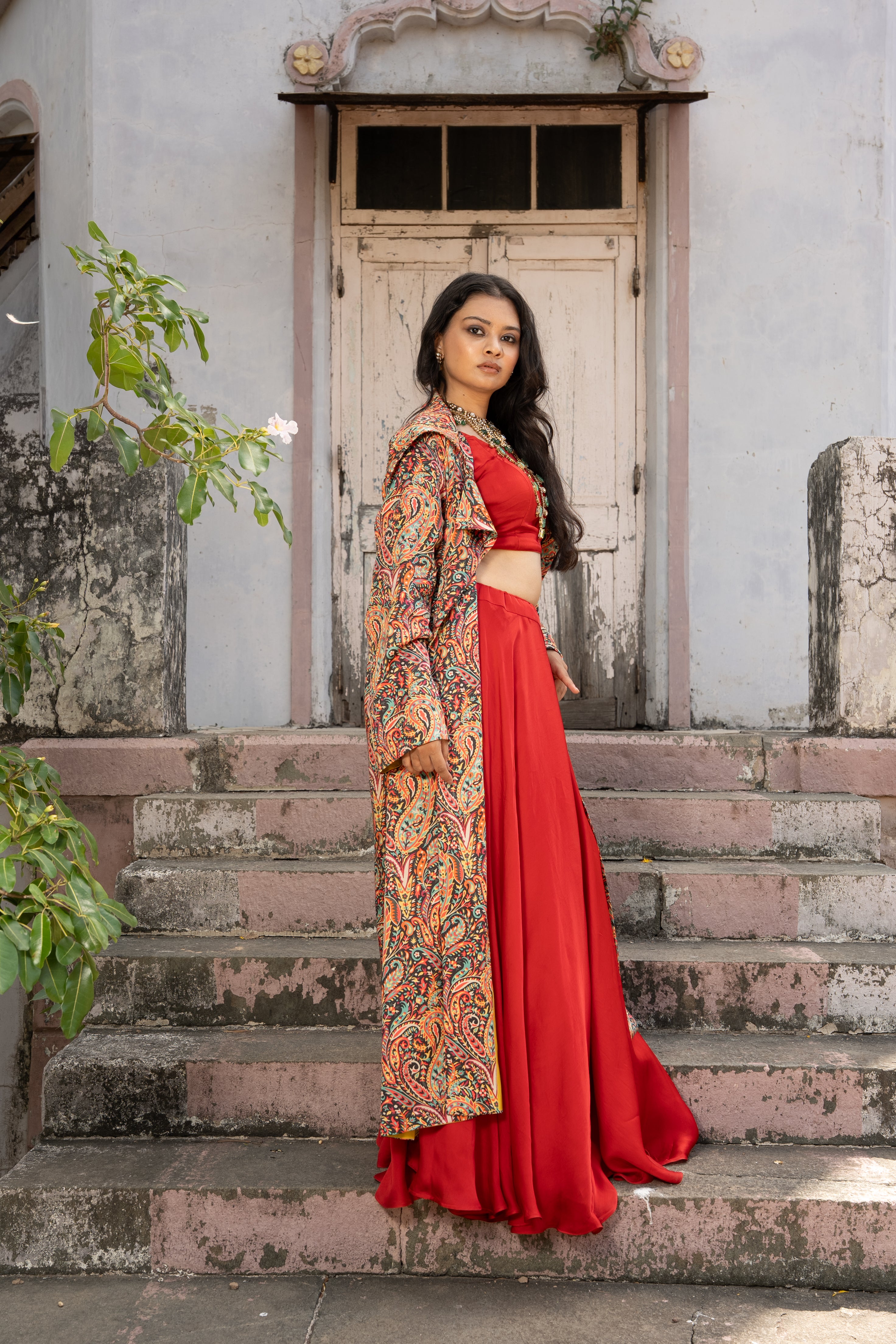 Red Paisley Printed long blazer with Skirt and Blouse