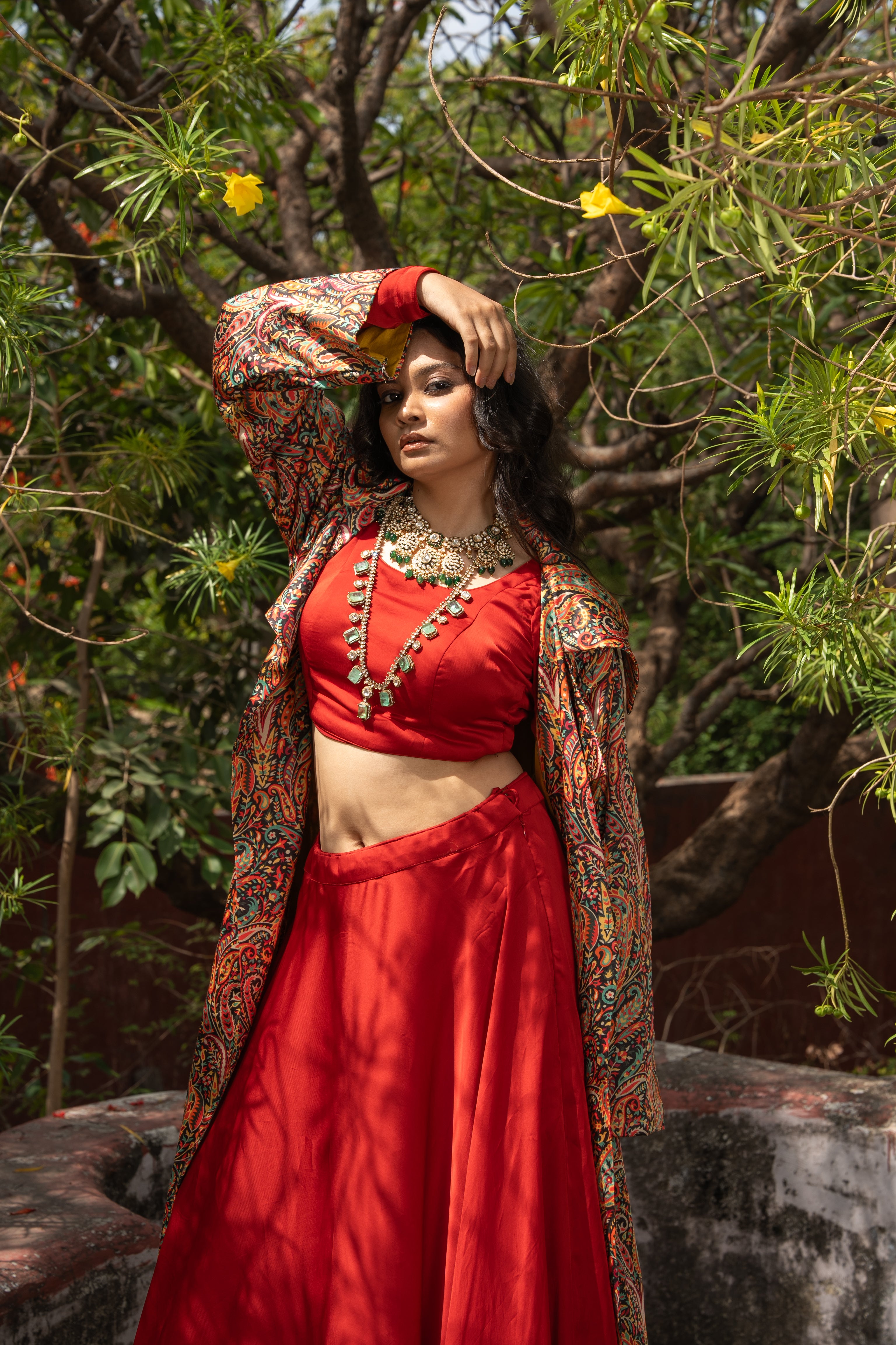 Red Paisley Printed long blazer with Skirt and Blouse