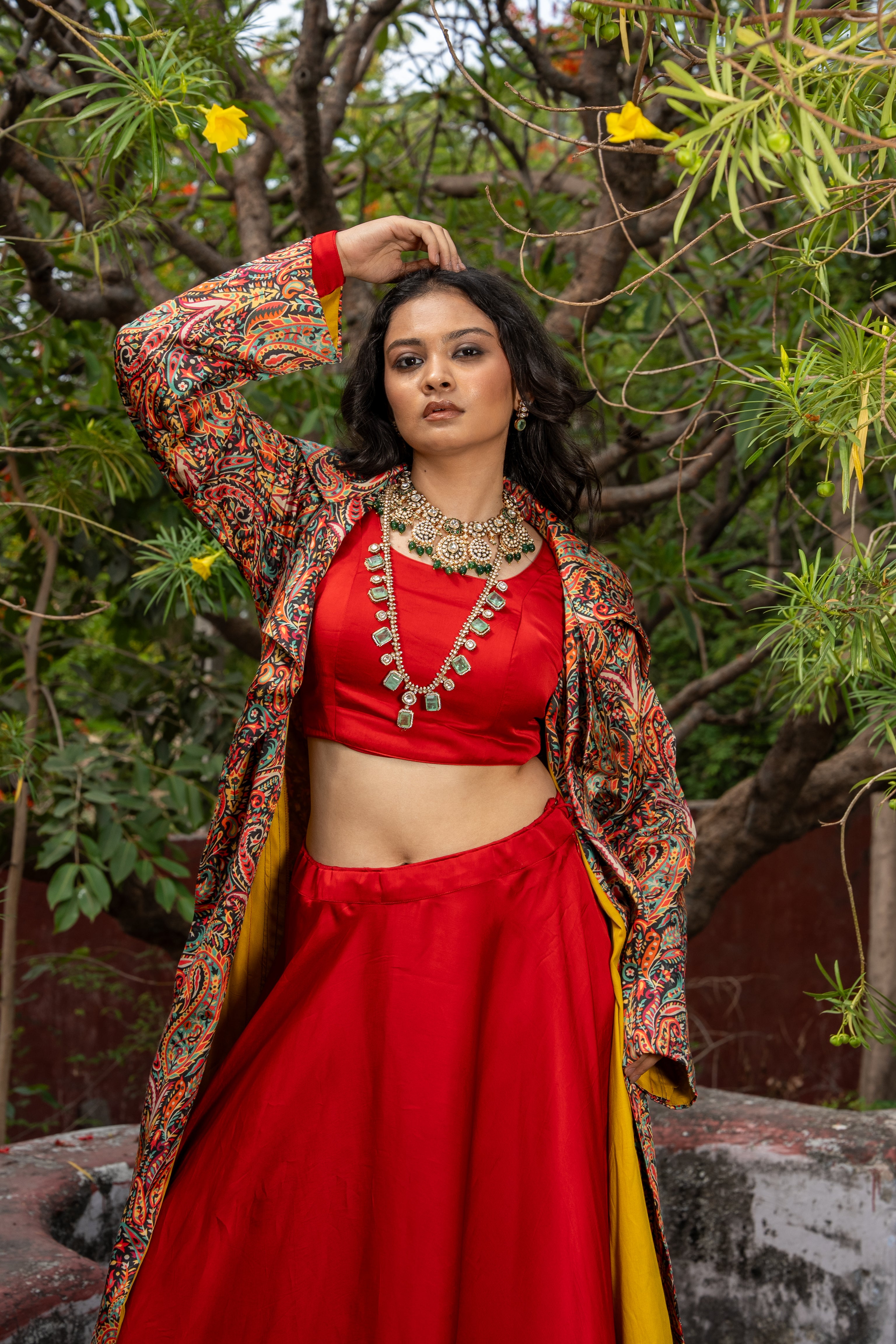 Red Paisley Printed long blazer with Skirt and Blouse