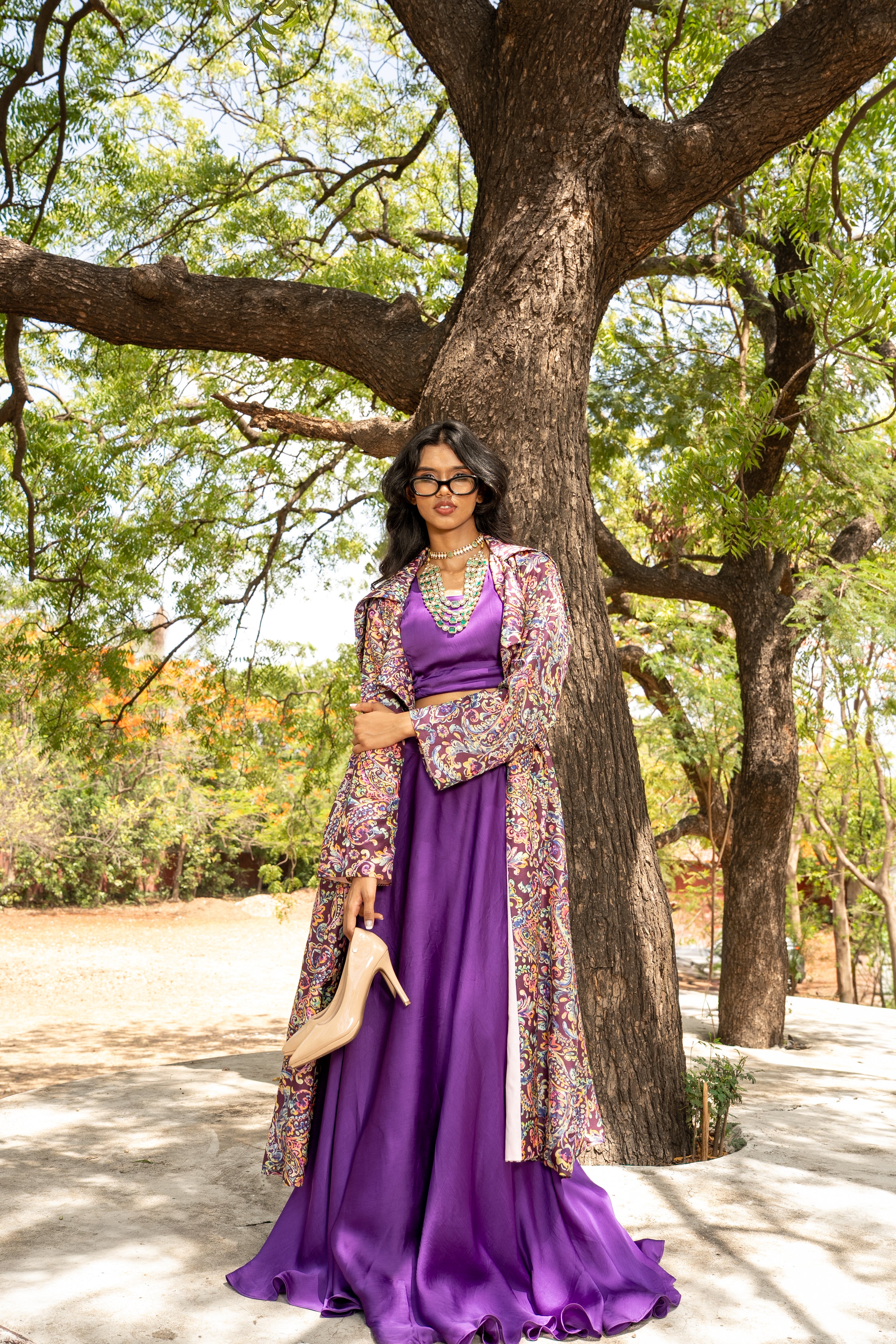 Paisley Printed long blazer with Skirt and Blouse
