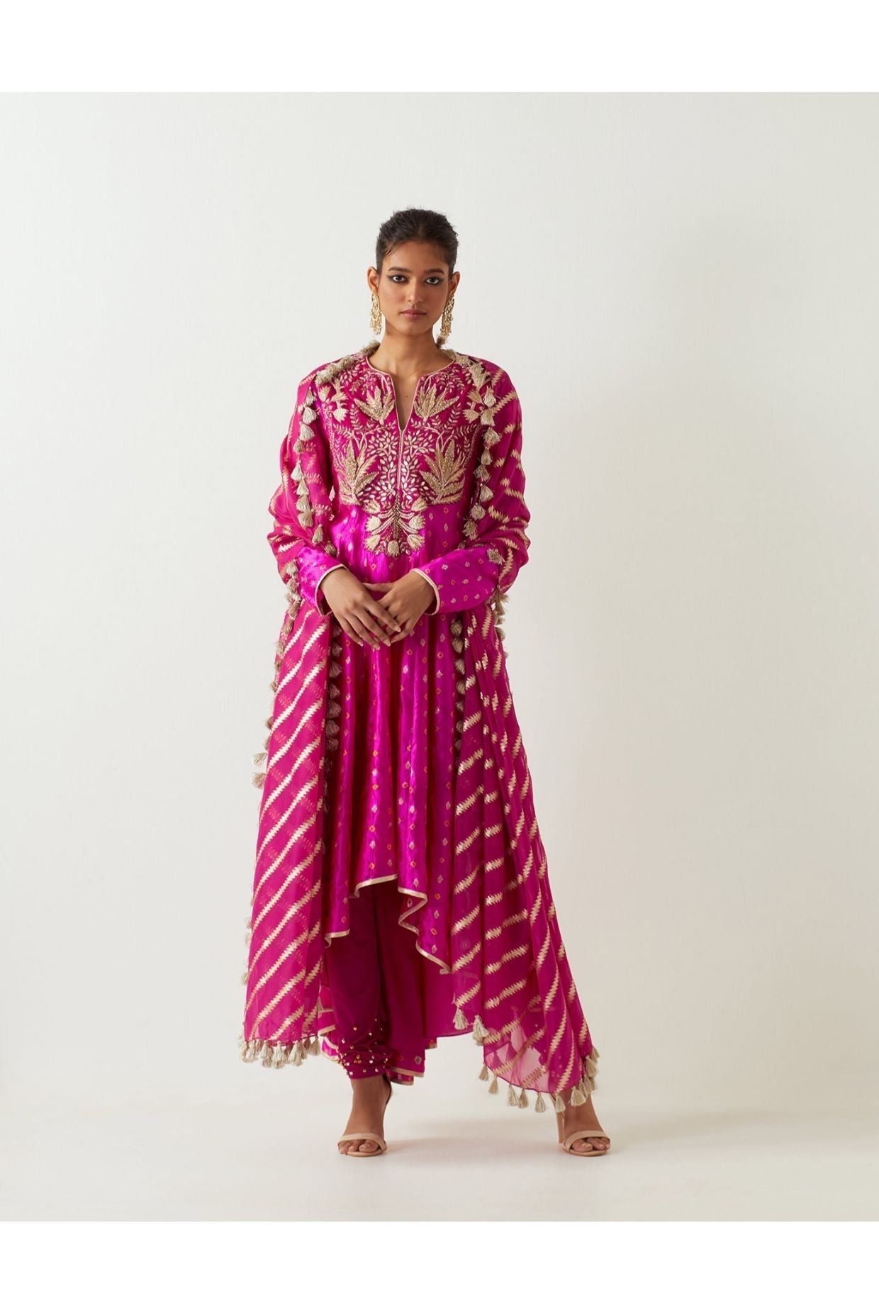 HOT PINK EMBROIDERED ANARKALI AND CHURIDAR WITH ORGANZA DUPATTA