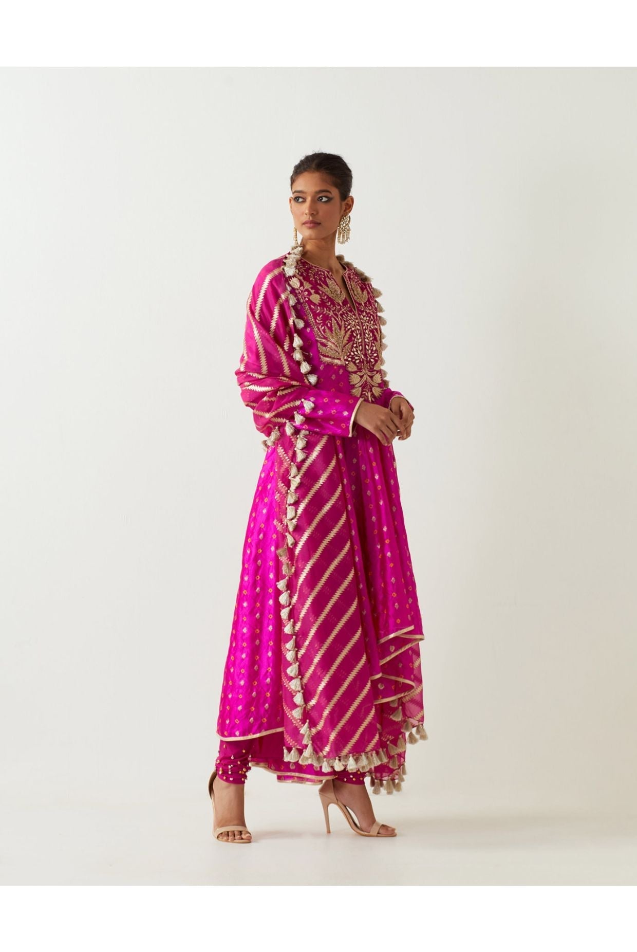 HOT PINK EMBROIDERED ANARKALI AND CHURIDAR WITH ORGANZA DUPATTA