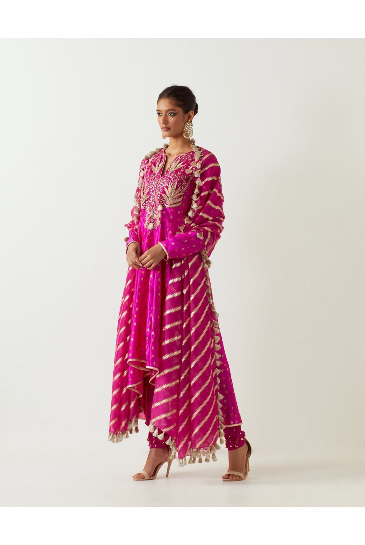 HOT PINK EMBROIDERED ANARKALI AND CHURIDAR WITH ORGANZA DUPATTA
