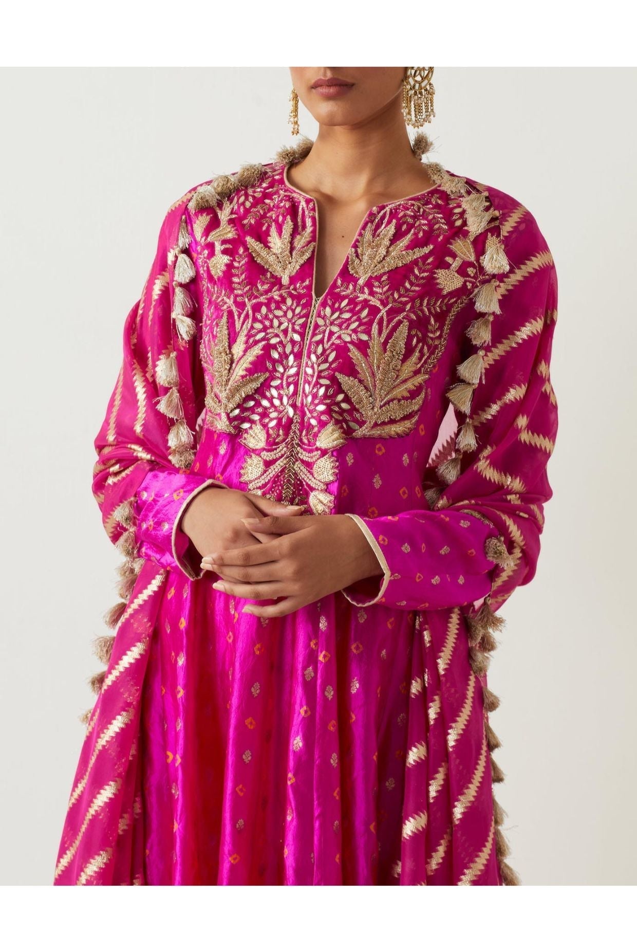 HOT PINK EMBROIDERED ANARKALI AND CHURIDAR WITH ORGANZA DUPATTA