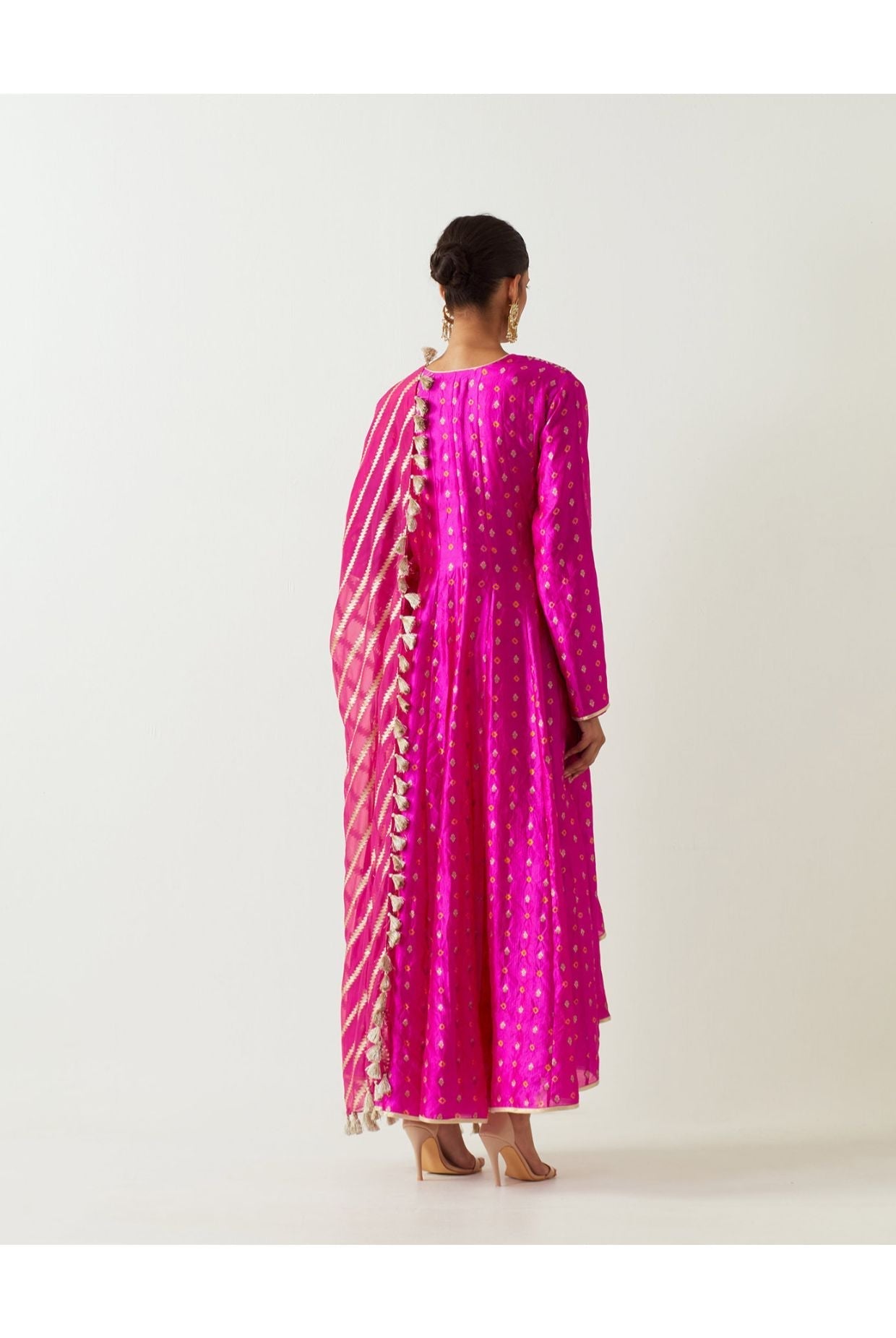 HOT PINK EMBROIDERED ANARKALI AND CHURIDAR WITH ORGANZA DUPATTA