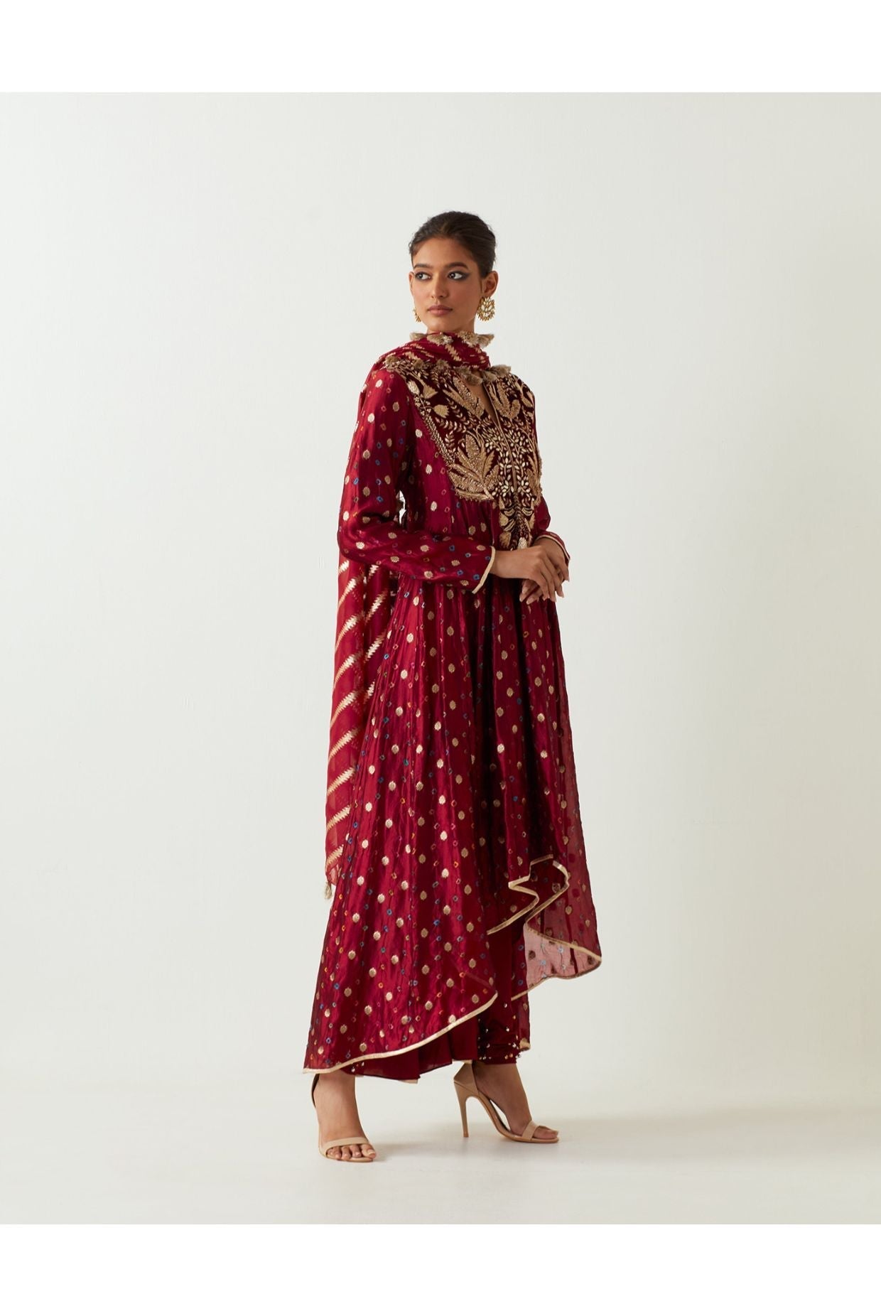 MAROON EMBROIDERED ANARKALI AND CHURIDAR WITH ORGANZA DUPATTA