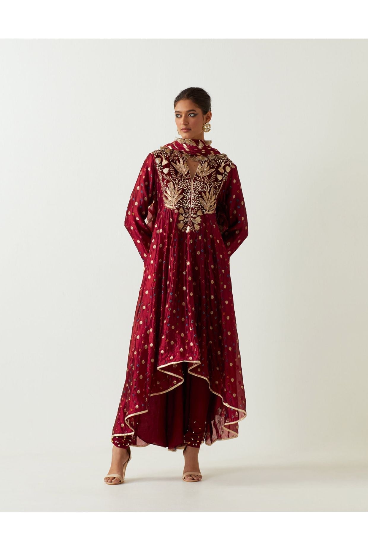 MAROON EMBROIDERED ANARKALI AND CHURIDAR WITH ORGANZA DUPATTA