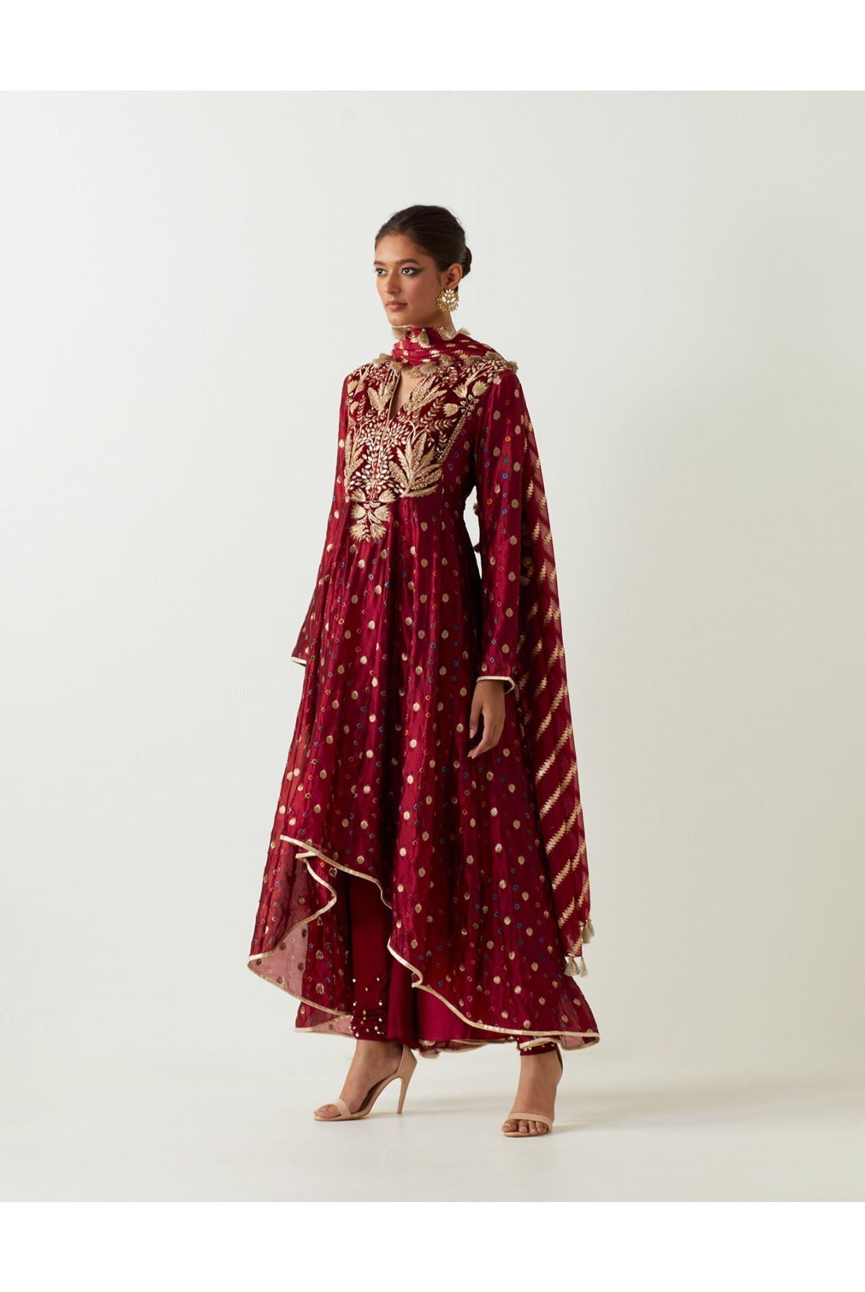 MAROON EMBROIDERED ANARKALI AND CHURIDAR WITH ORGANZA DUPATTA