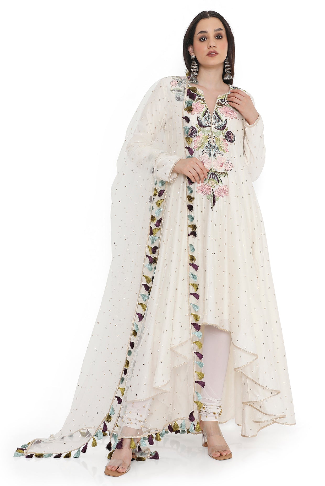 Off-White Embroidered High-Low Anarkali With Embroidered Churidar With Dupatta