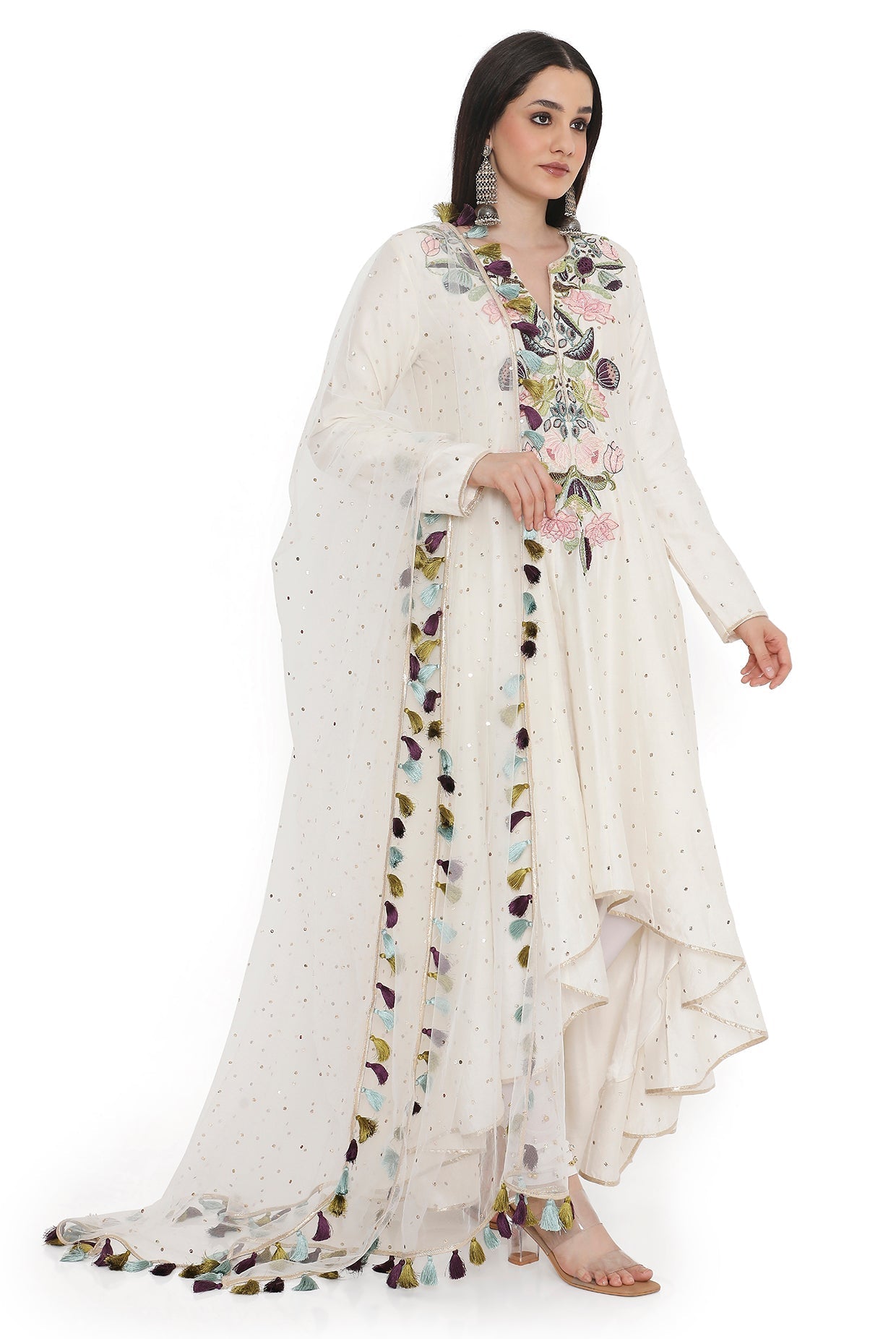 Off-White Embroidered High-Low Anarkali With Embroidered Churidar With Dupatta